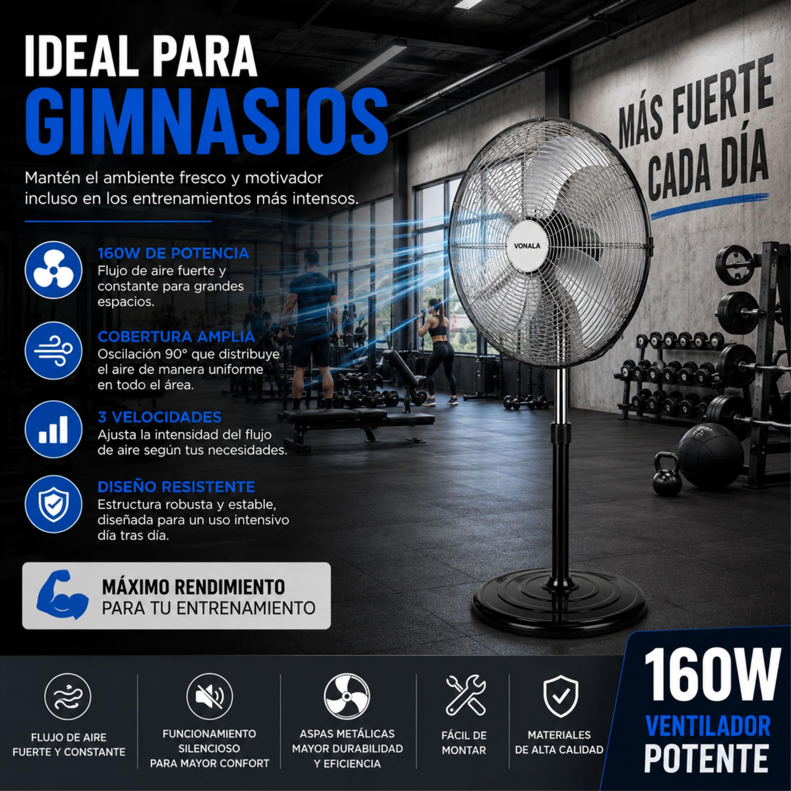 Ventilador Industrial Potente y Ultra Frío 160W 20", Ventilador Pie 142cm Oscilante 3 Velocidades, Ventiladores de Pie, Ventilador Exterior Terraza o Interior, Ideal Gimnasios, Restaurantes, Comercios