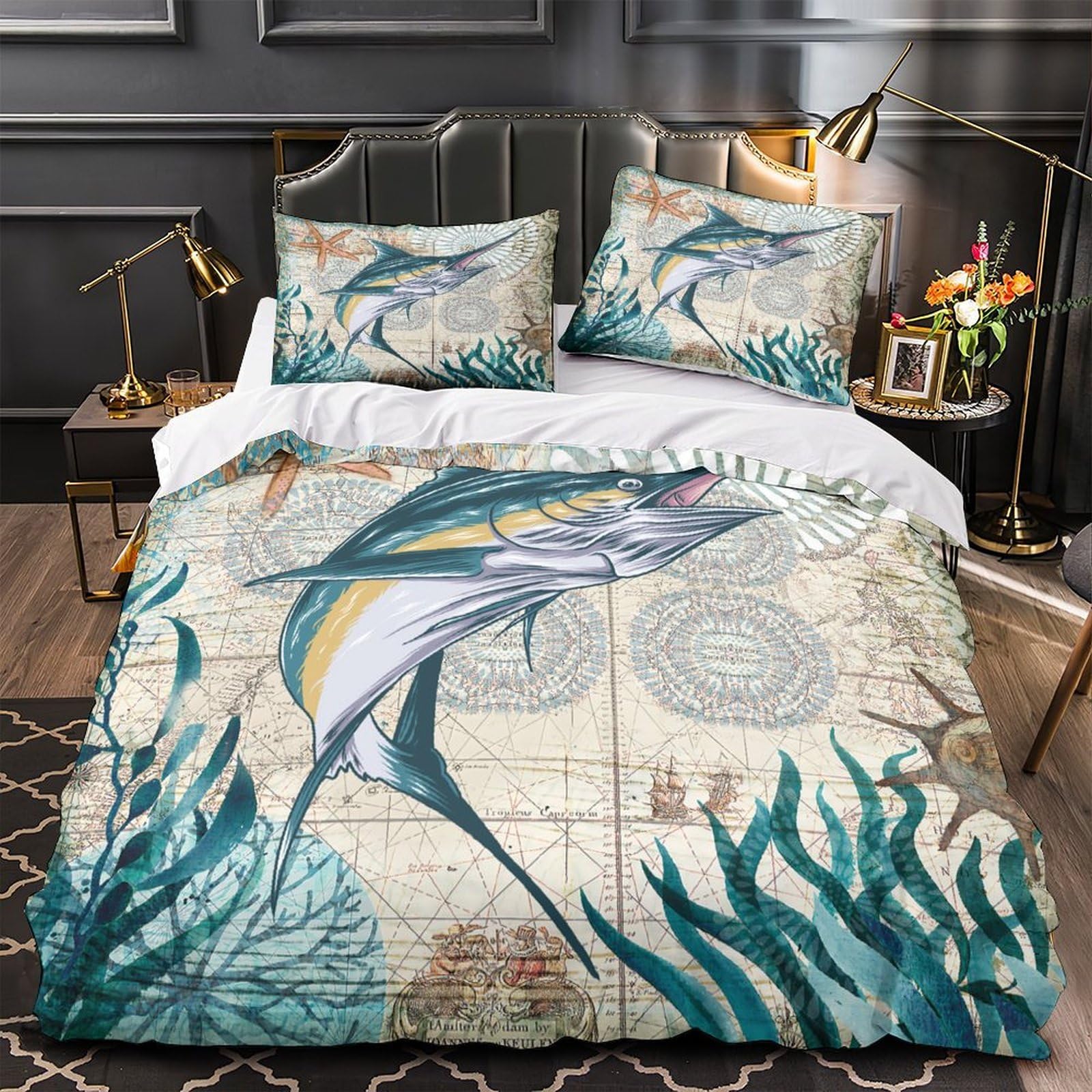 Housse de couette poissons marins effet 3D relief avec fermeture éclair
