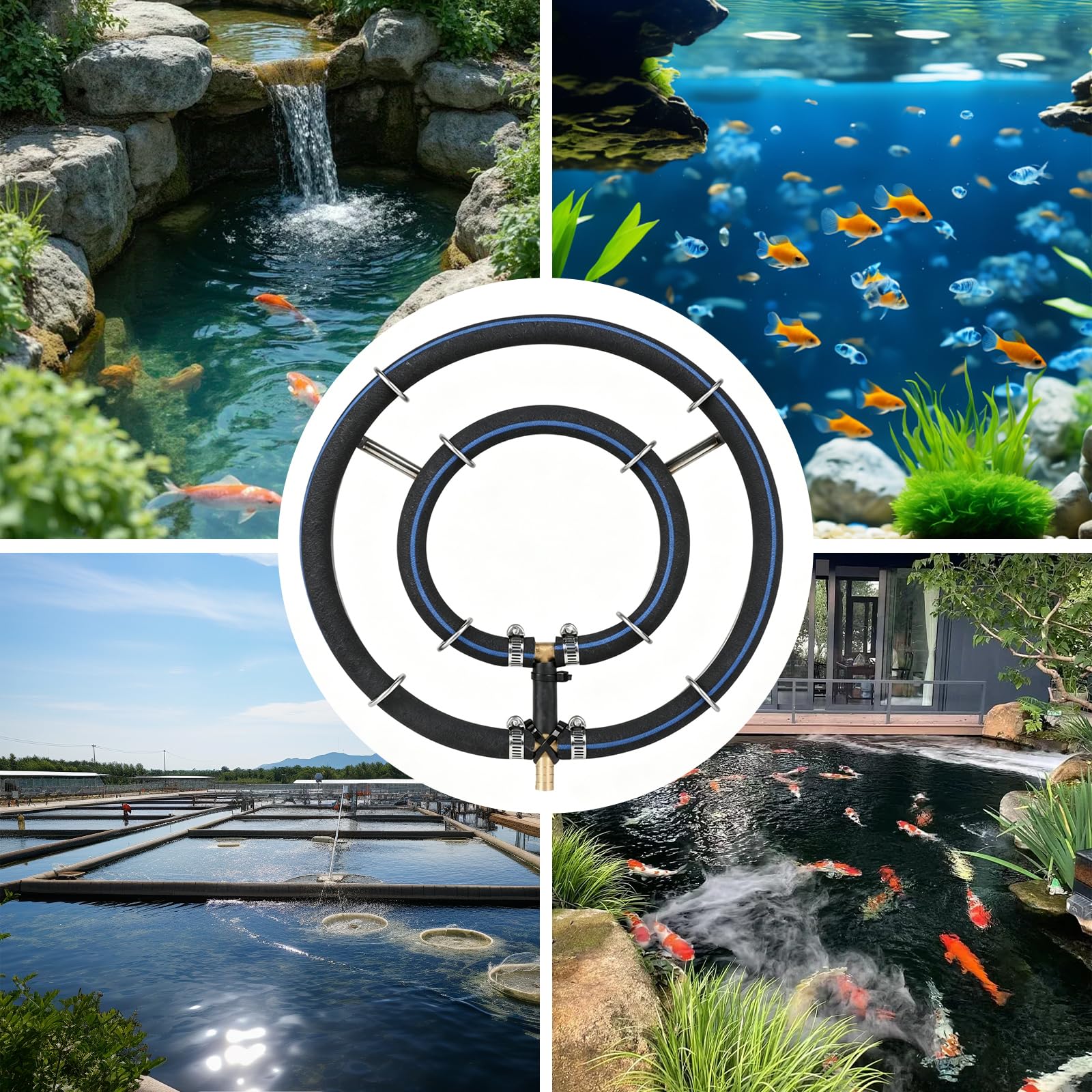Teichbelüfterring für Koi-Teich, Teichbelüfter Solar & Laichbürsten Koi Set, Teich-Luftverteiler, Belüftungsring Ø25cm, 2-in-1 Ringe mit φ9mm 5m Schlauch für große Teiche, Aquarium | Teichzubehör
