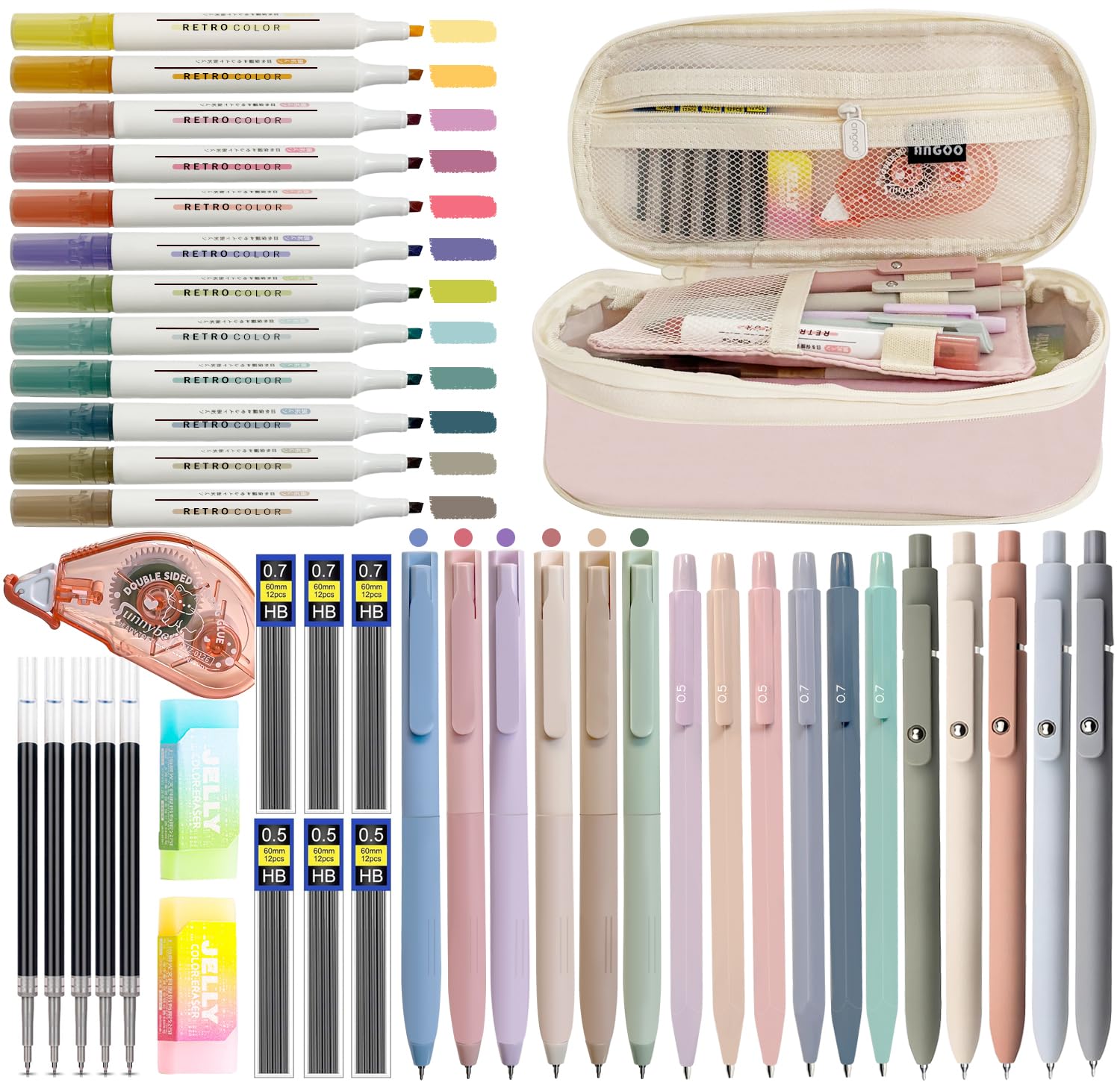 44 PCS Aesthetic School Supplies with Pencil Case, 12 Pastel Highlighters, 5 Black Ink Gel Pens, 6 Colored Gel Pens