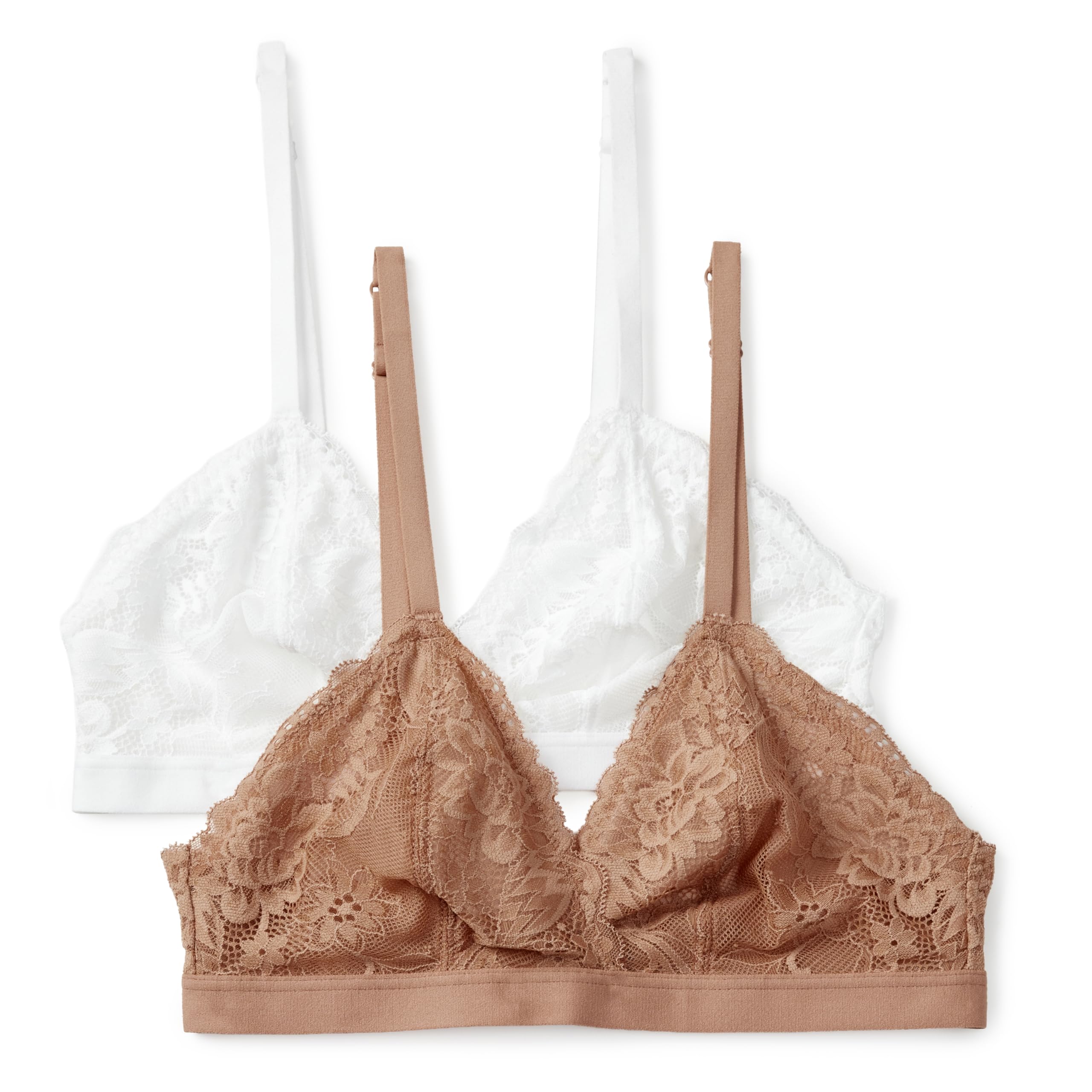 Amazon Essentials Women's Stretch Galloon Lace Triangle Bralette, Pack of 2, Washed Bronze/White, XXS