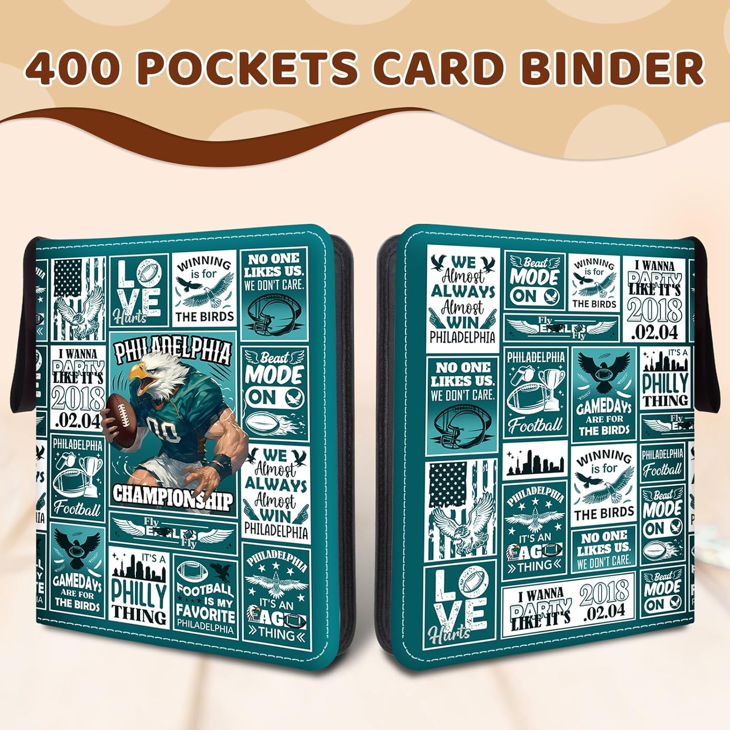 Wazzio Football Card Binder, 400 Pockets Football Card Holder with 50 Removable Double-Sided Sleeves, Waterproof PU Leather Zipper Binder Album for Sports Cards