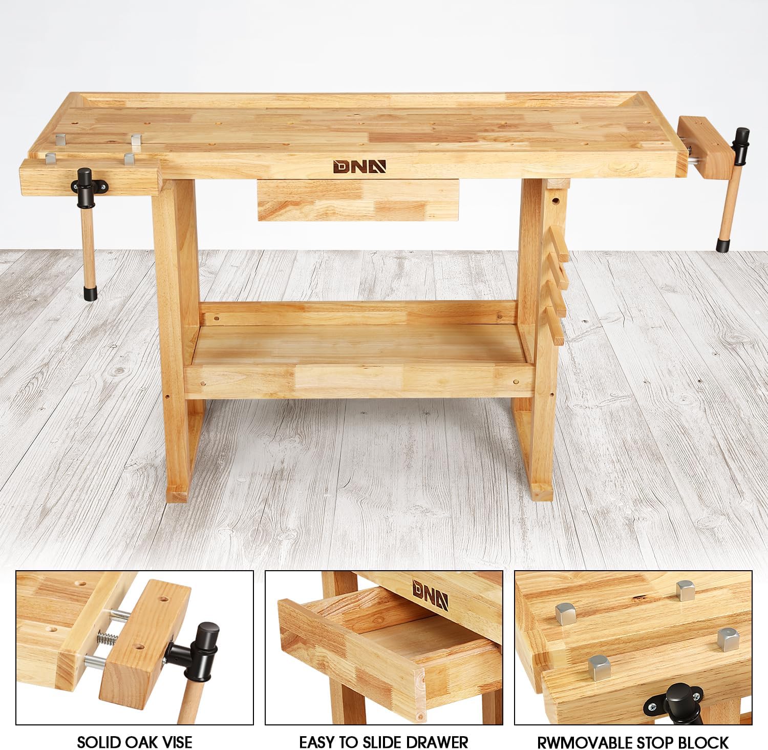 DNA Motoring Heavy Duty Wood Workbench, Wooden Workbench with Drawer for Workshop, Garage, W/Adjustable Handle, TOOLS-00522