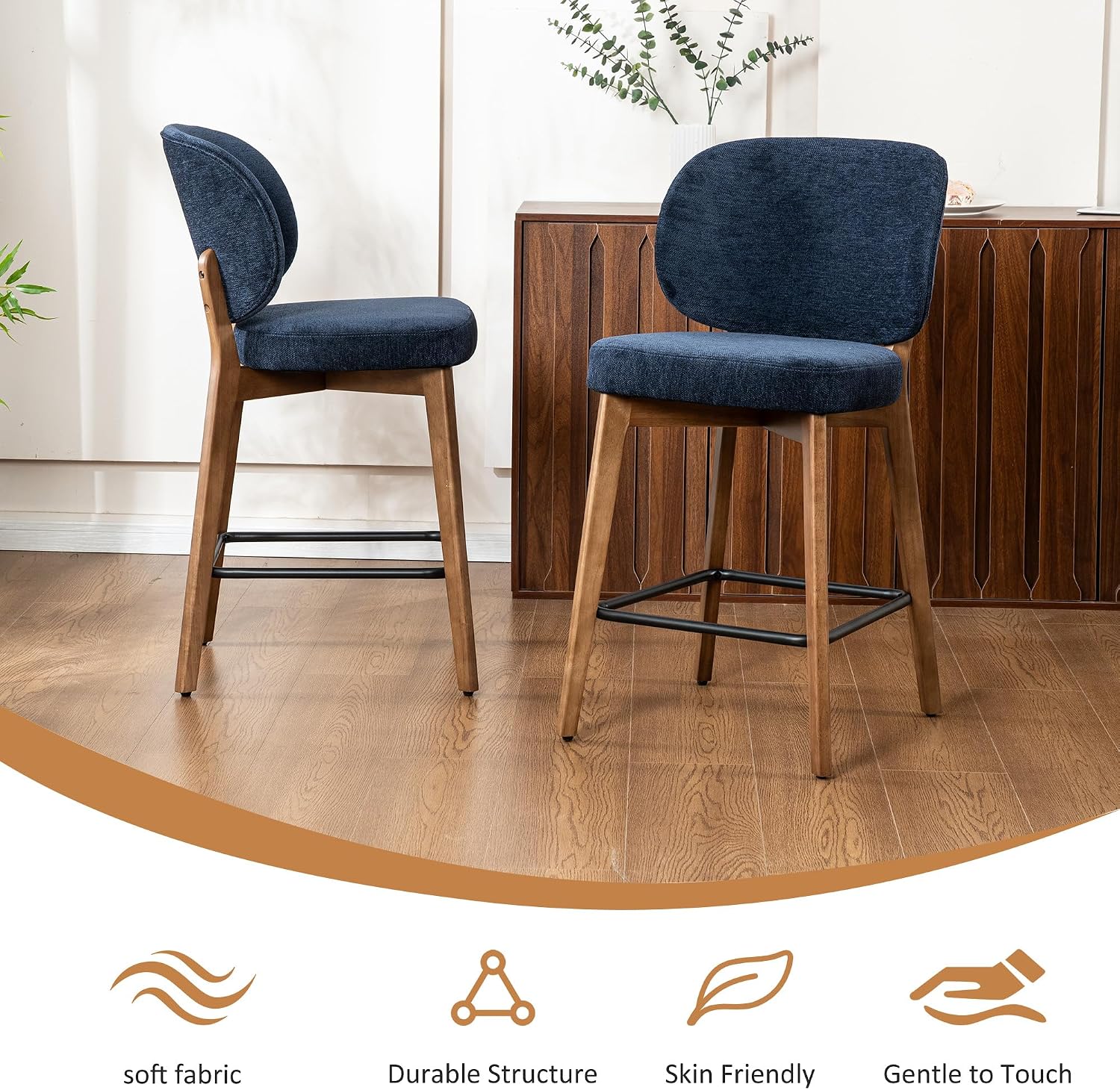 YOUNIKE Navy Blue 26.8" Height Bar Stools Set of 2 Mid Century Modern Counter Stool Solid Wood Legs Fabric Upholstered Kitchen Island Bar Chair 20" Wide Barstools with High Back
