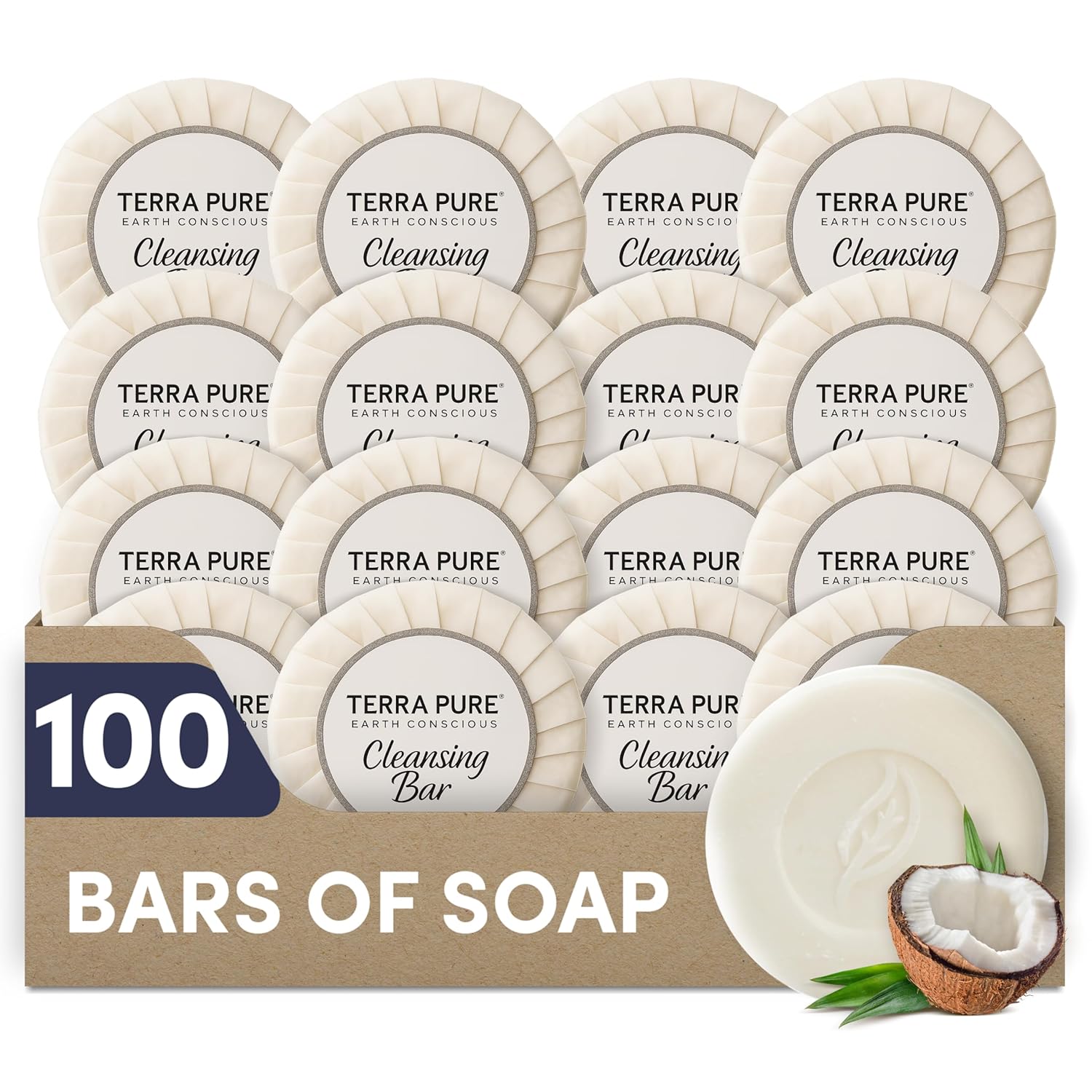 Travel Size Hotel Bar Soap 100 Count 1.25 oz Bars Guest Amenities for Hotels Vacation Rentals and Short Term Rentals Paraben Free White Tea & Coconut Scent Infused with Aloe & Olive Oil by Terra Pure