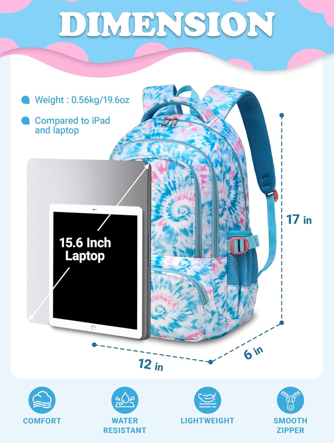 BLUEFAIRY Kids Backpack for Girls Elementary Primary Middle School Bags for Aged 8-10 for Teens Childs Bookbags Back to School Book Bags Mochilas para Niñas de 6 7 8 9 10 Años Tie-dye Blue - Image 2