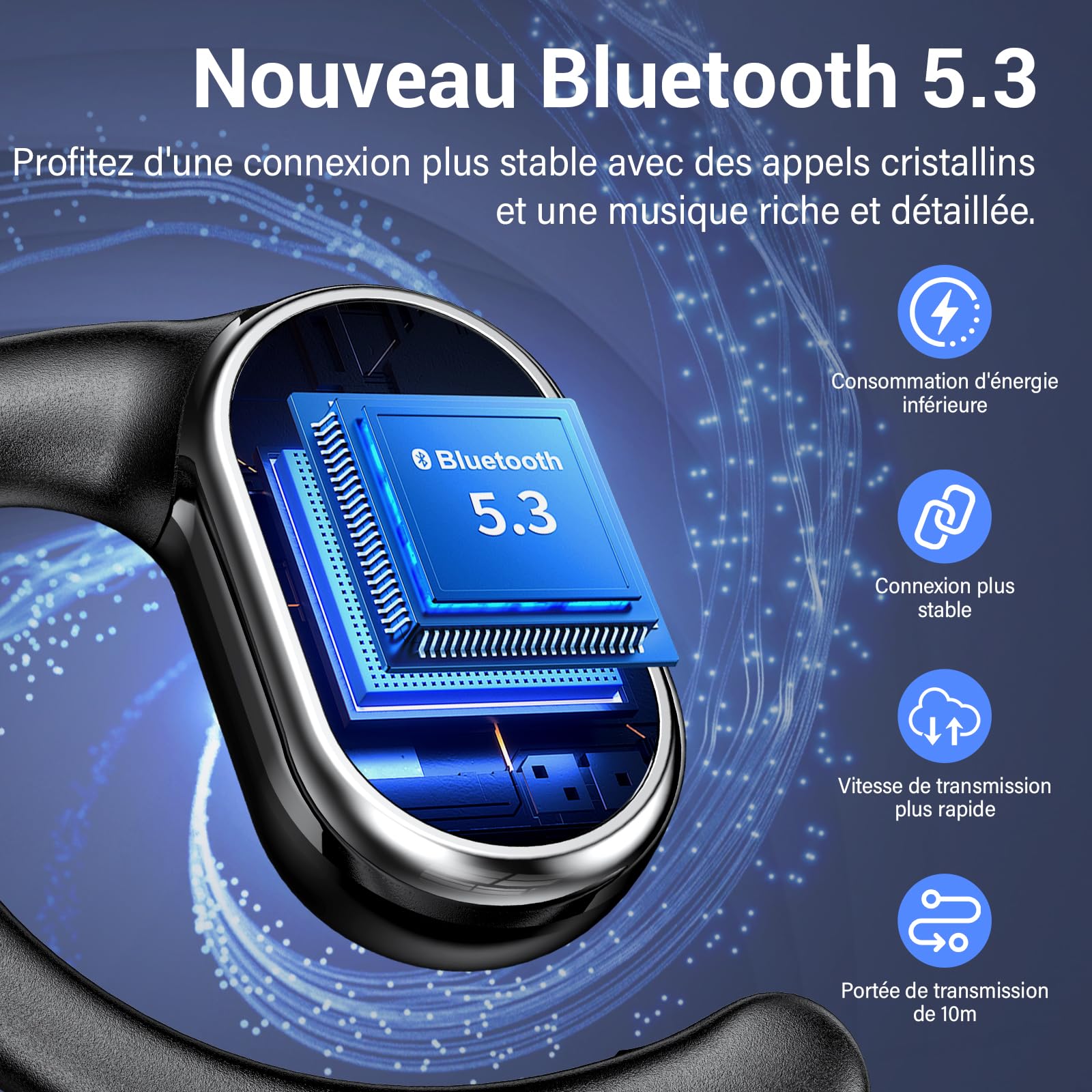 Casque de Sport sans Fil, Casque Bluetooth 5.3 Ouvert, avec Micro HD et Annulation du Bruit ENC, Basses Améliorées, Affichage LED, Casque Bluetooth étanche IPX7 pour iOS et Android, Noir