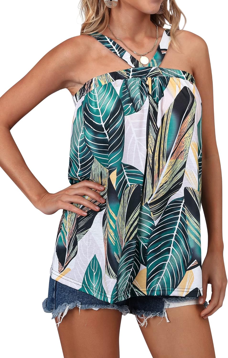 ZXZY Women Hawaii Sleeveless Halter V Neck Backless Sexy Loose Fit Tank Tops T Shirts - Image 2