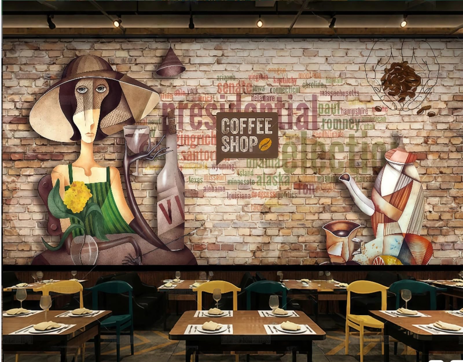rskjdghshd Wallpaper Retro Brick Wall Hand-Painted Letters Coffee Dessert Themed Beverage Shop Western Restaurant Background Wall Mural Afternoon Tea Coffee Shop Wallpaper,3D,430x300cm