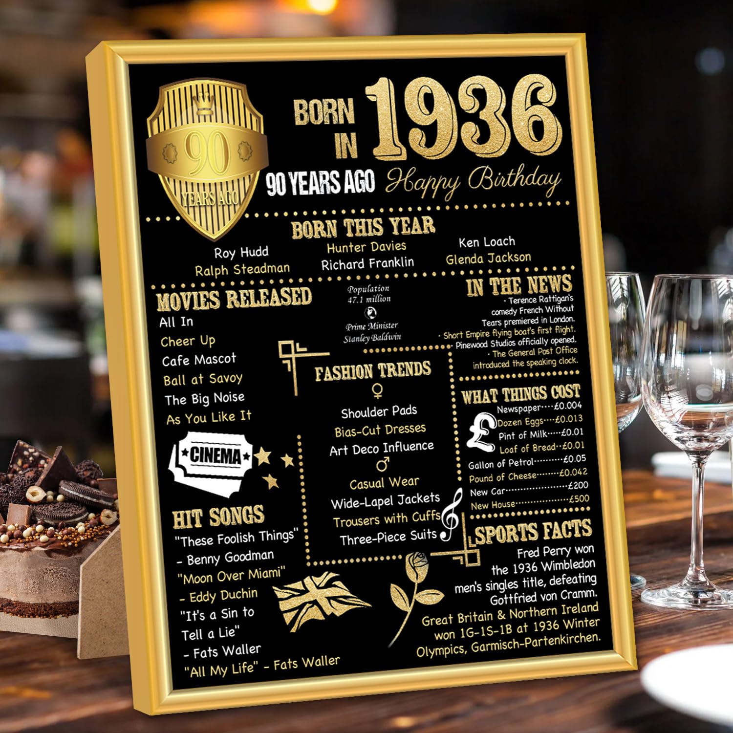 Benjia 1936 Poster Framed UK, Happy 90th Birthday Sign Card Party Decor Supplies Home Decoration Birthday Gift 90 Years Old Wedding Newspaper For Men Women (8x10 inch, Black Gold)