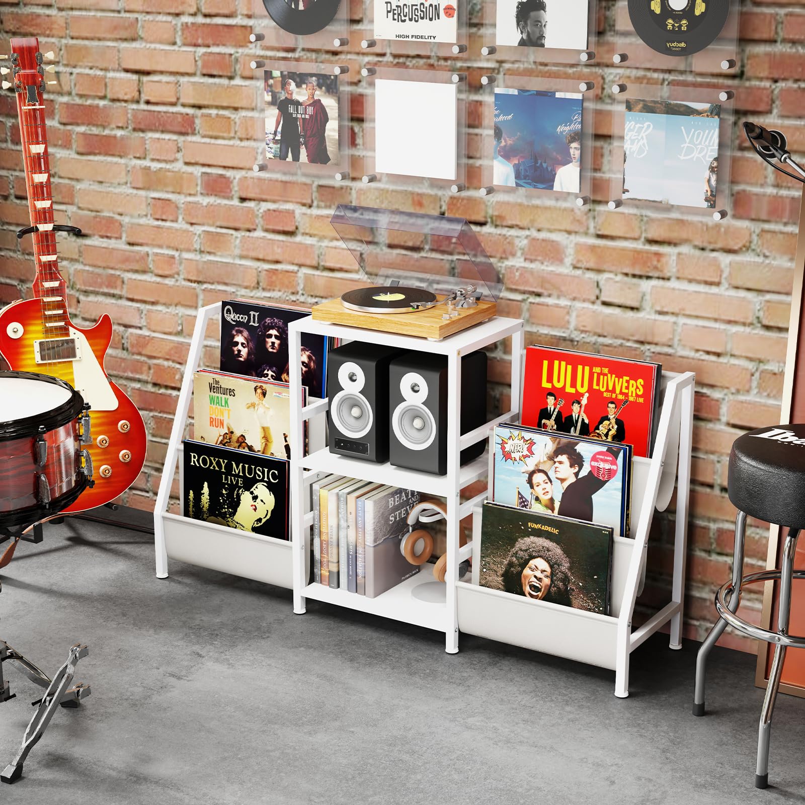 COSTWAY Supporto per Giradischi per Vinili, Porta Giradischi Vinili Fino a 200 Album con 3 Ripiani, 6 Tasche di Archiviazione e Struttura in Metallo, per Casa Studio e Caffè, 125x30x69 cm (Bianco)