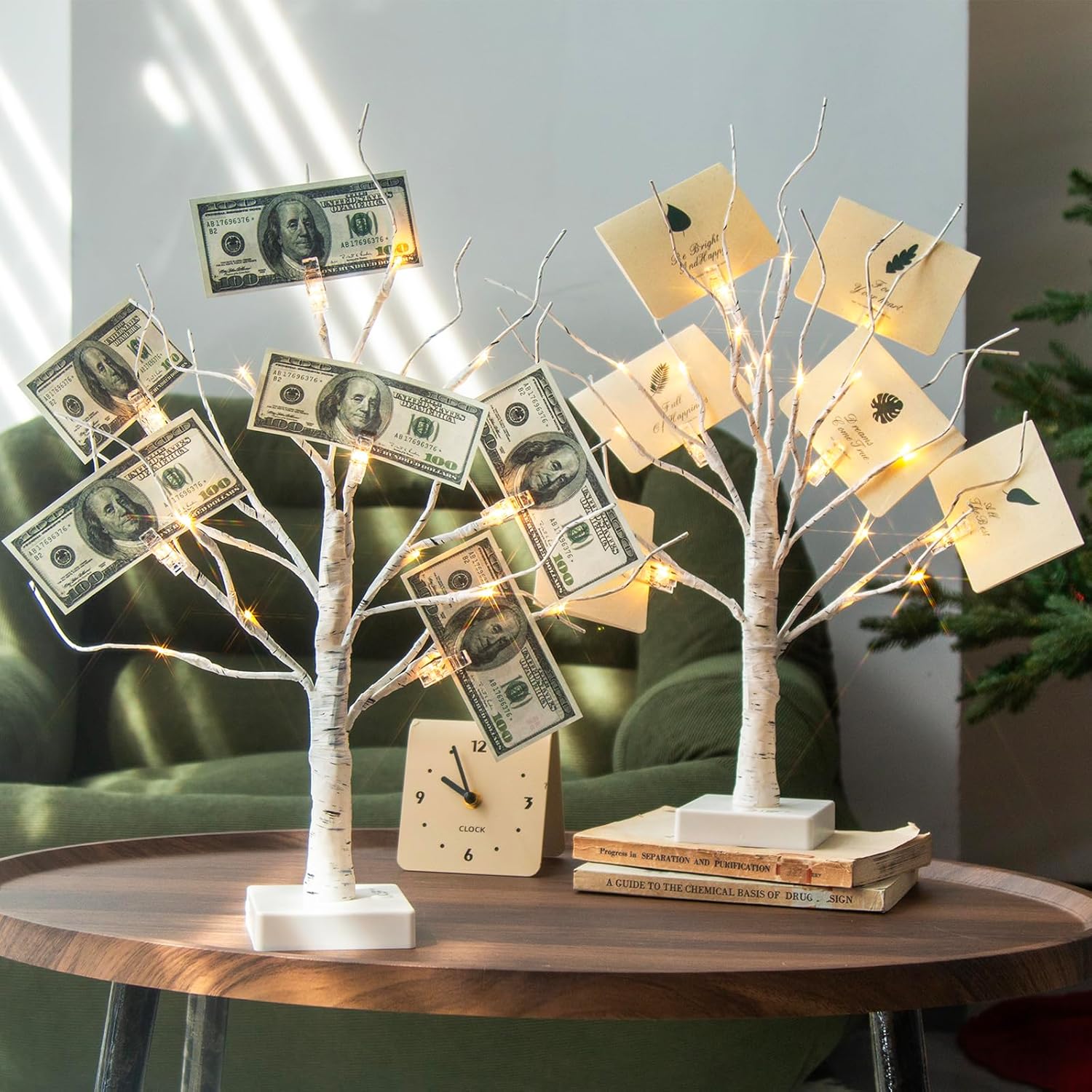 PABIPABI Money Tree Gift Holder, Set of 2 Birch Tree with 24 Clear Clips, Battery/USB Powered Timer Tabletop Trees for Home Party, Christmas, Wedding, Birthday Graduation (Warm White)