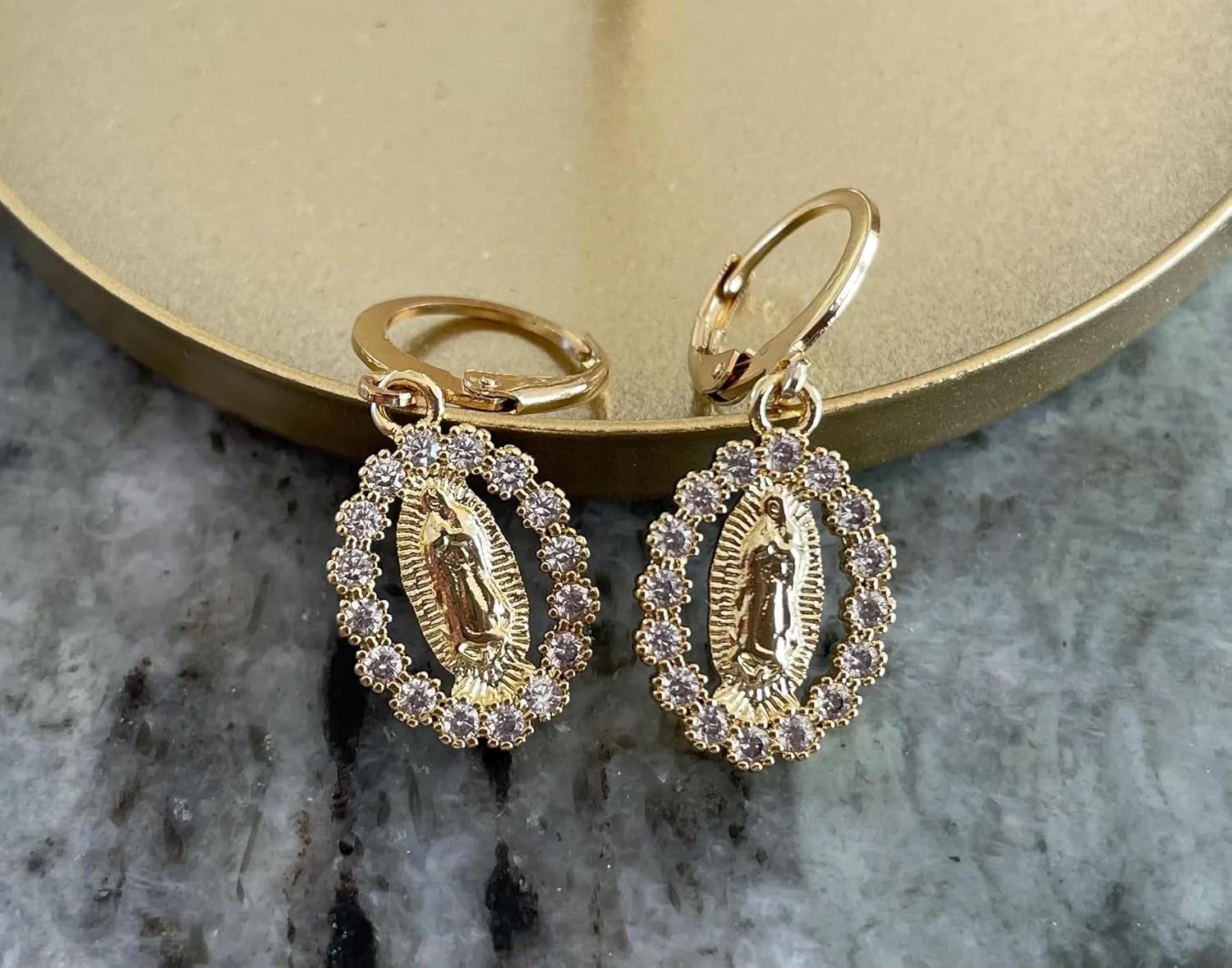 Our Lady of Guadalupe Earrings – Gold Virgin Mary Crystal Medal Dangle Earrings – Virgen de Guadalupe Religious Jewelry – Small Delicate Catholic Earrings Gift for Women & Teens