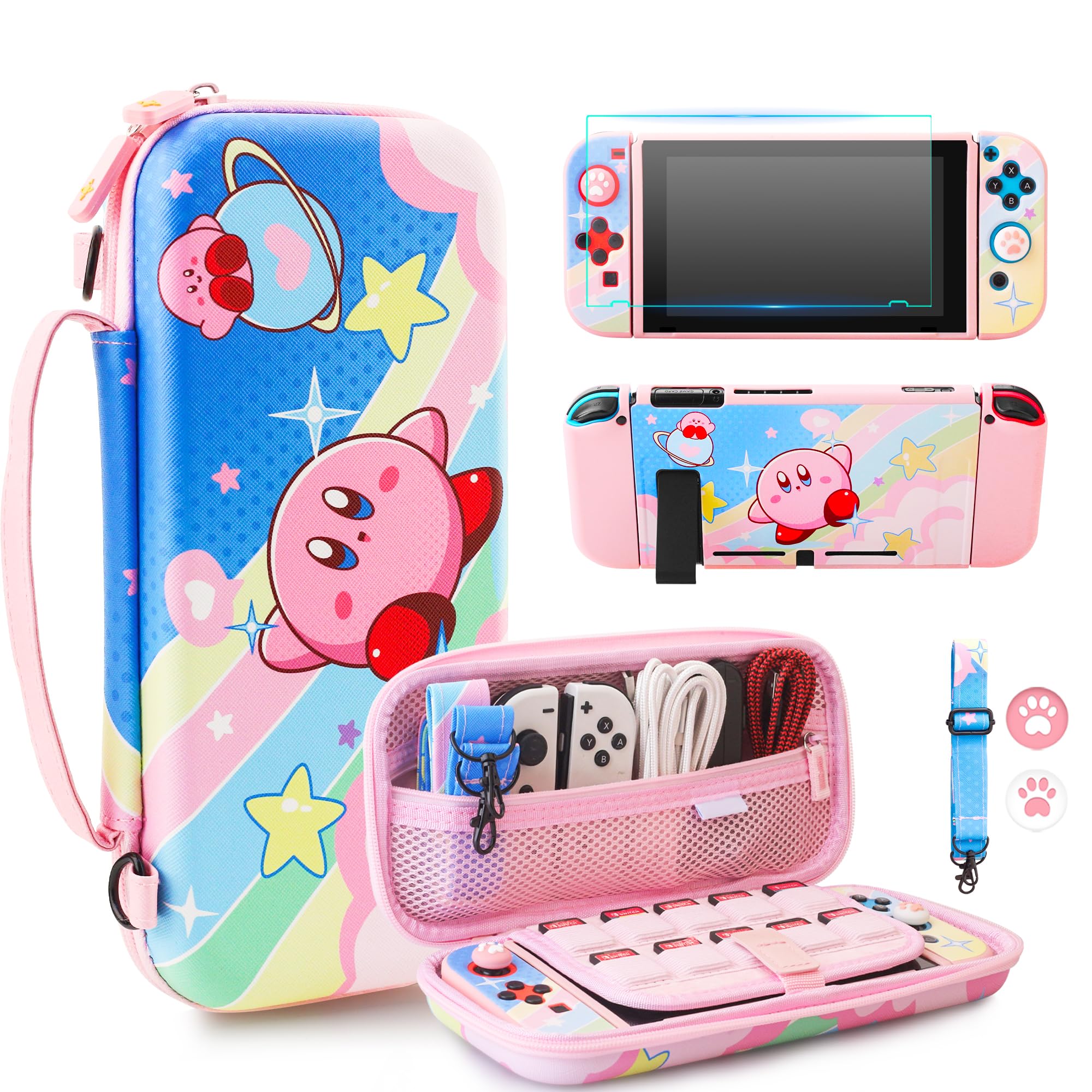 HYPERCASE Cute Carrying Case Kit Compatible with Nintendo Switch, with NS Switch Travel Bag for Anime, Soft Switch Protective Cover, Screen Protector, Shoulder Strap & 2 Thumb Grips - Pink&Blue