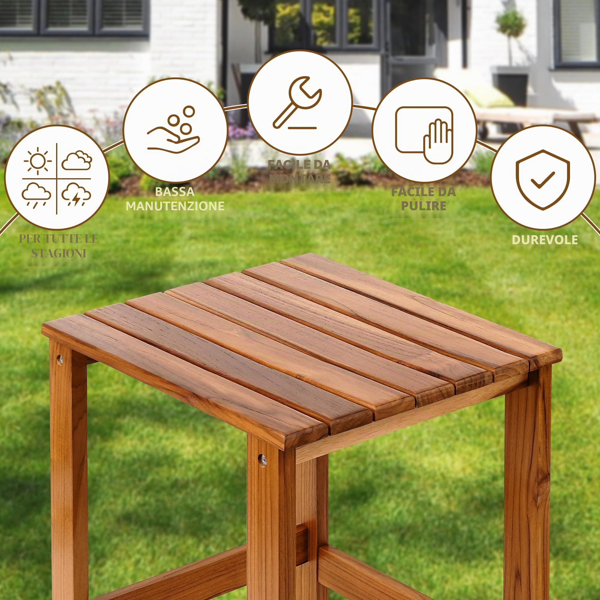 Utoplike Tavolino da esterno in teak, tavolino da caffè in legno, tavolini per giardino, cortile, camera da letto, soggiorno, divano laterale, contenitore per bagno
