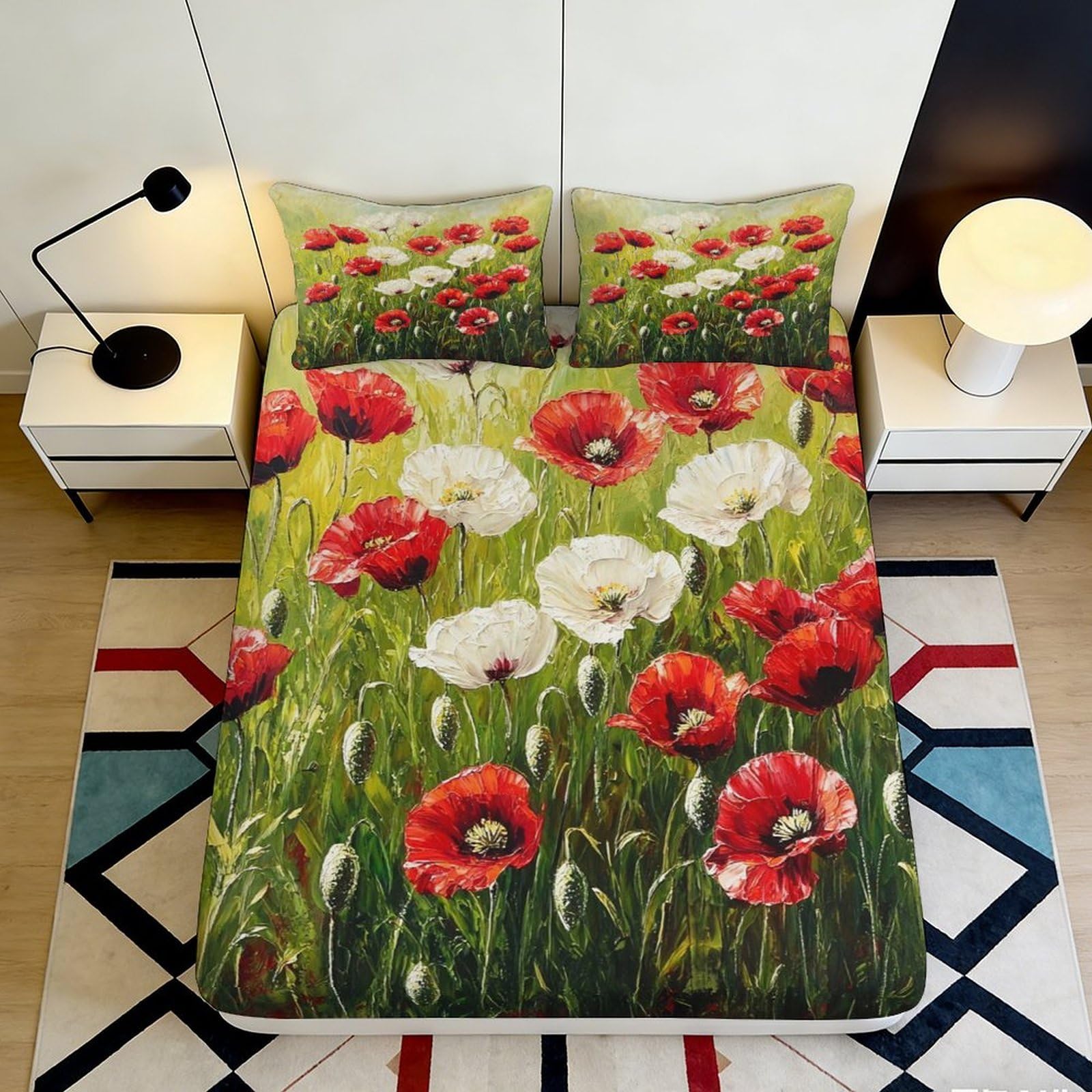 3D Printed Red White Poppy Fitted Sheet Microfiber Soft Breathable Floral Field Bed Cover for Bedroom Dormitory Guest Room Mattress Protection 180x200x25cm