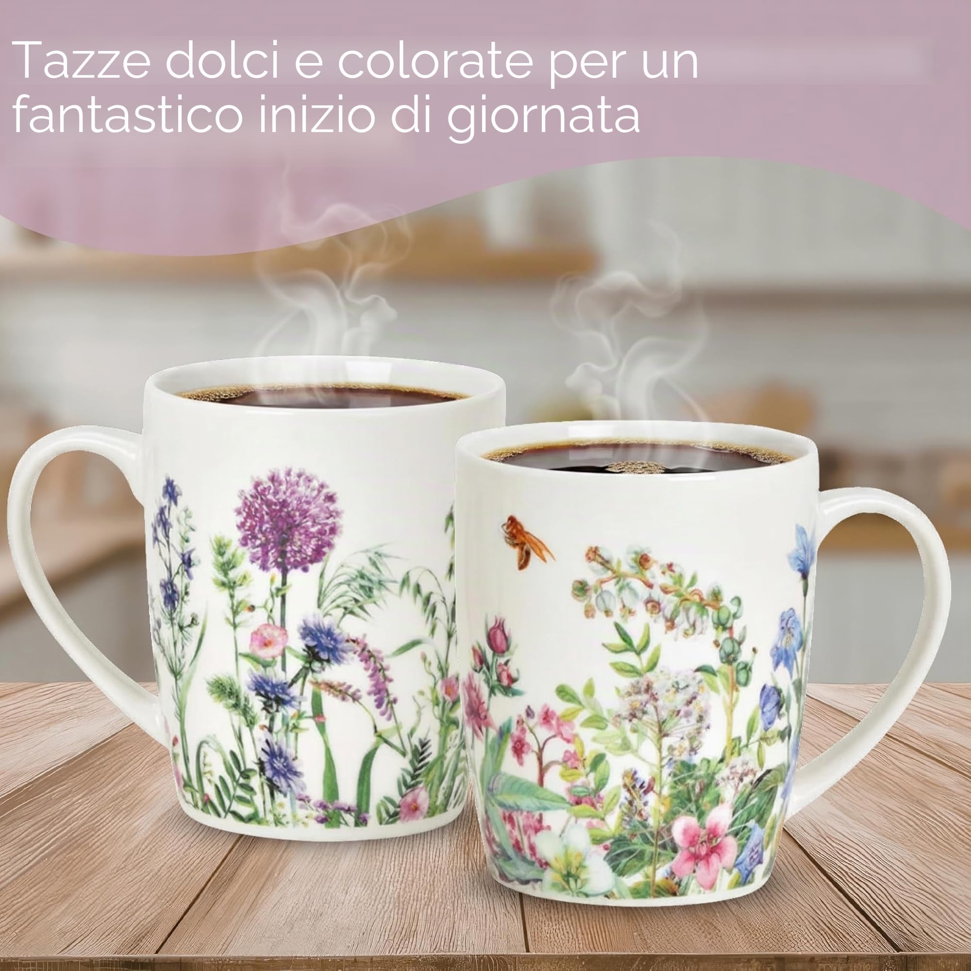 Set di 4 tazze con motivo floreale primaverile – Bellissime tazze da caffè in porcellana da 300 ml per cappuccino, caffè, tè – Eccezionale tazza da caffè lavabile in lavastoviglie e adatta al