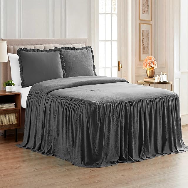 Sweet Home Collection Bedspreads Ruffle Skirt 3 Piece Shabby Chic Ultra Soft Oversized Coverlet Bedding Cover with Shams Set, King, Gray