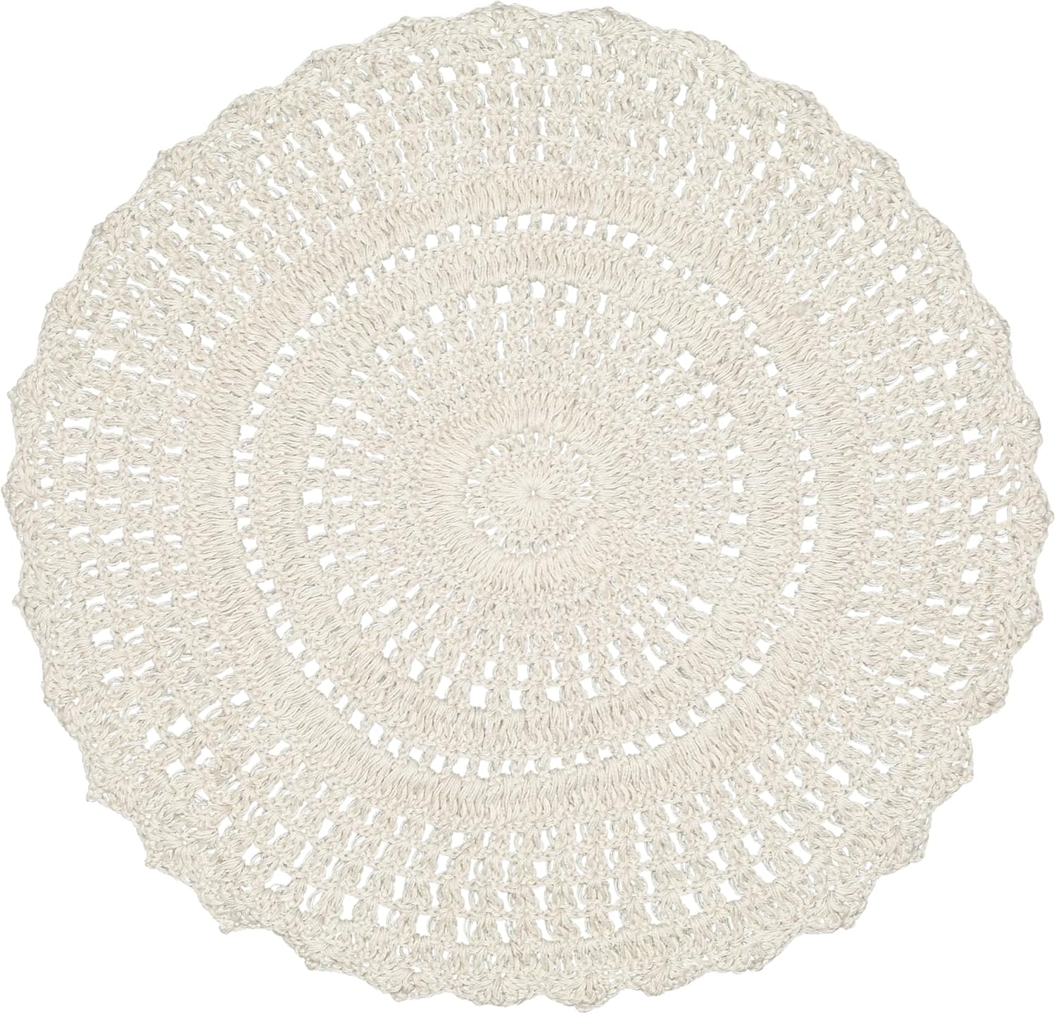 Hand Knitted Crochet Woven Rug Off White 3 Feet Round, Non Slip Farmhouse Small Circle Polyester Fiber Floor Rugs Ideal for Bedroom, Living Room, Kitchen | Scalloped Ivory Patio Mats for Balcony
