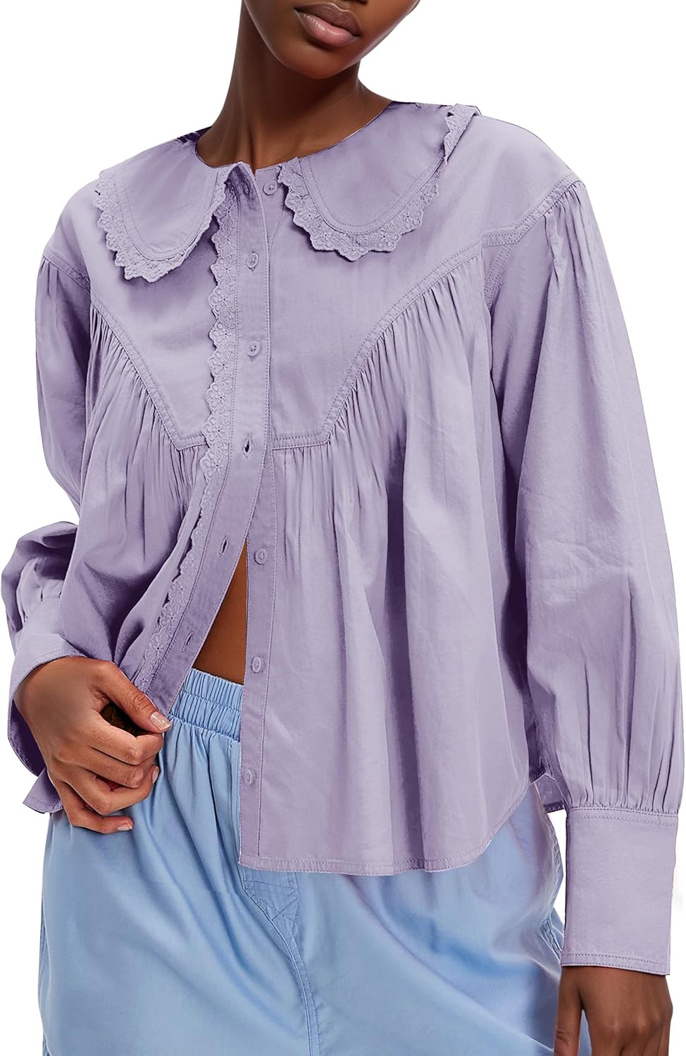 Womens Peter Pan Collar Shirt Cotton Button Down Blouses Lace Trim Loose Fit Casual Work Beach Long Sleeve Shirts - Image 5