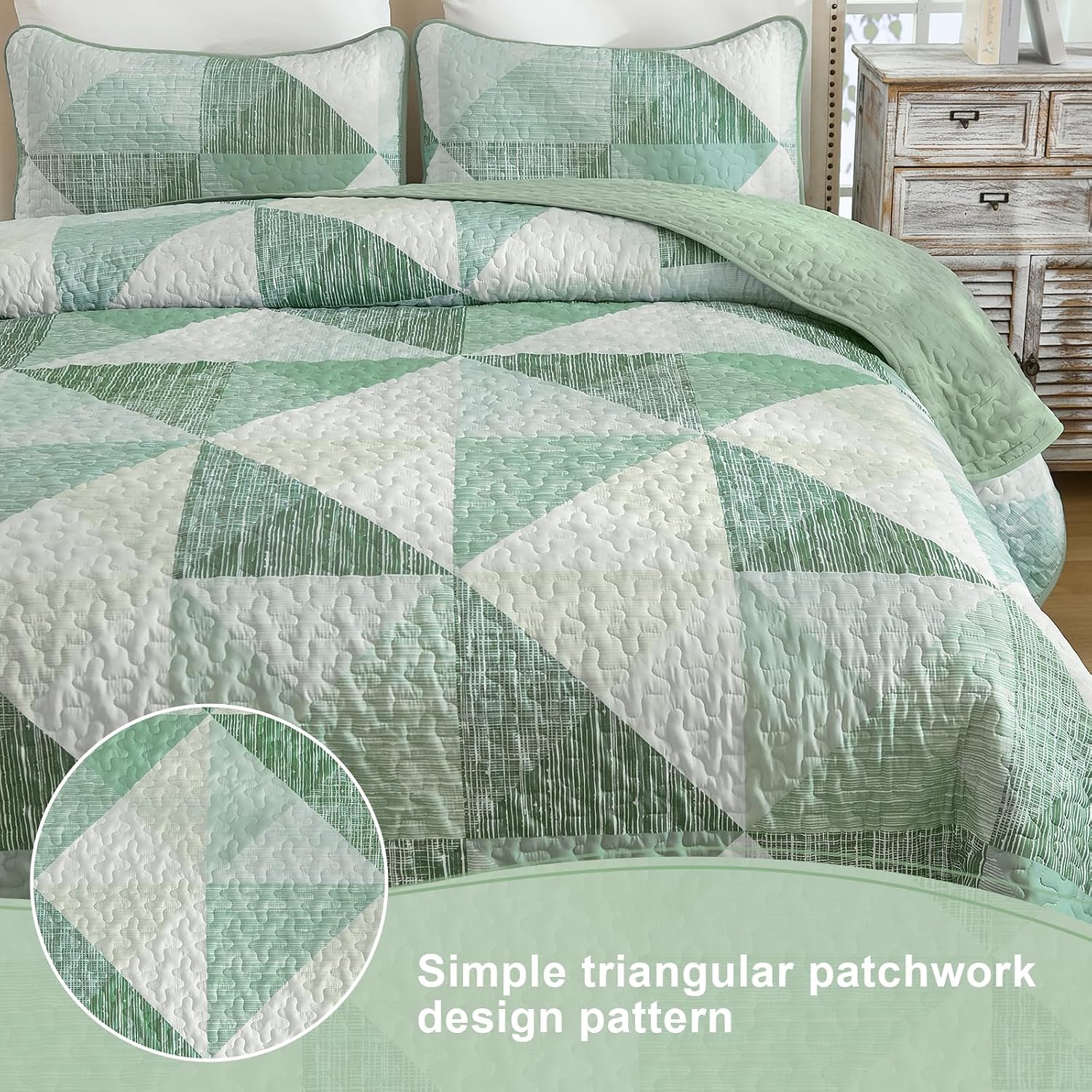 Dintszyayue Sage Green Quilt Set, Patchwork Queen Bedspread 3 Pieces, Soft Lightweight Microfiber Geometric Coverlet Bedding Set for Men Women 90"x96"