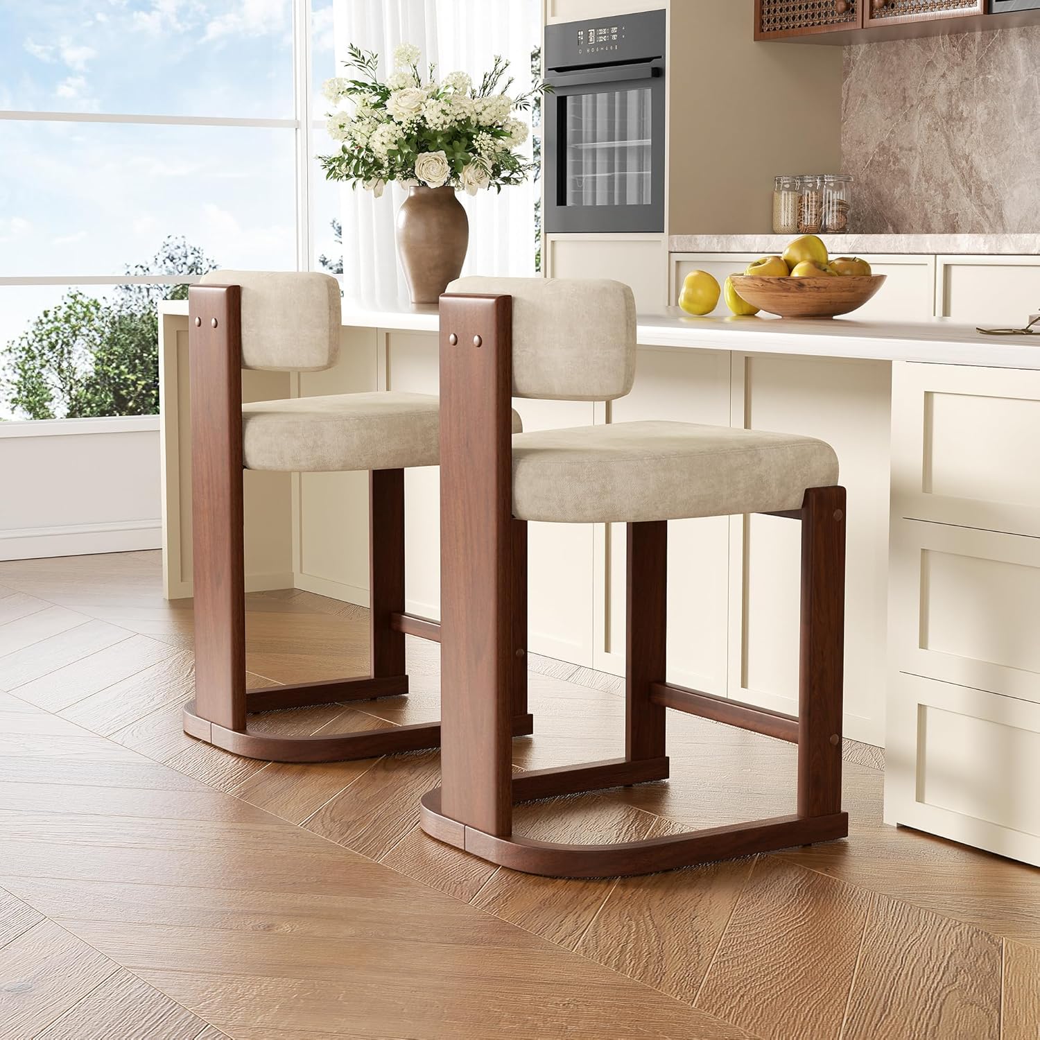 Bar Stools Set of 3, Upholstered Counter Height Bar Stools, Mid Century Modern Counter Stools with Curved Backrest, Solid Wood Legs, 26" Bar Chairs for Kitchen Island Bar, Khaki