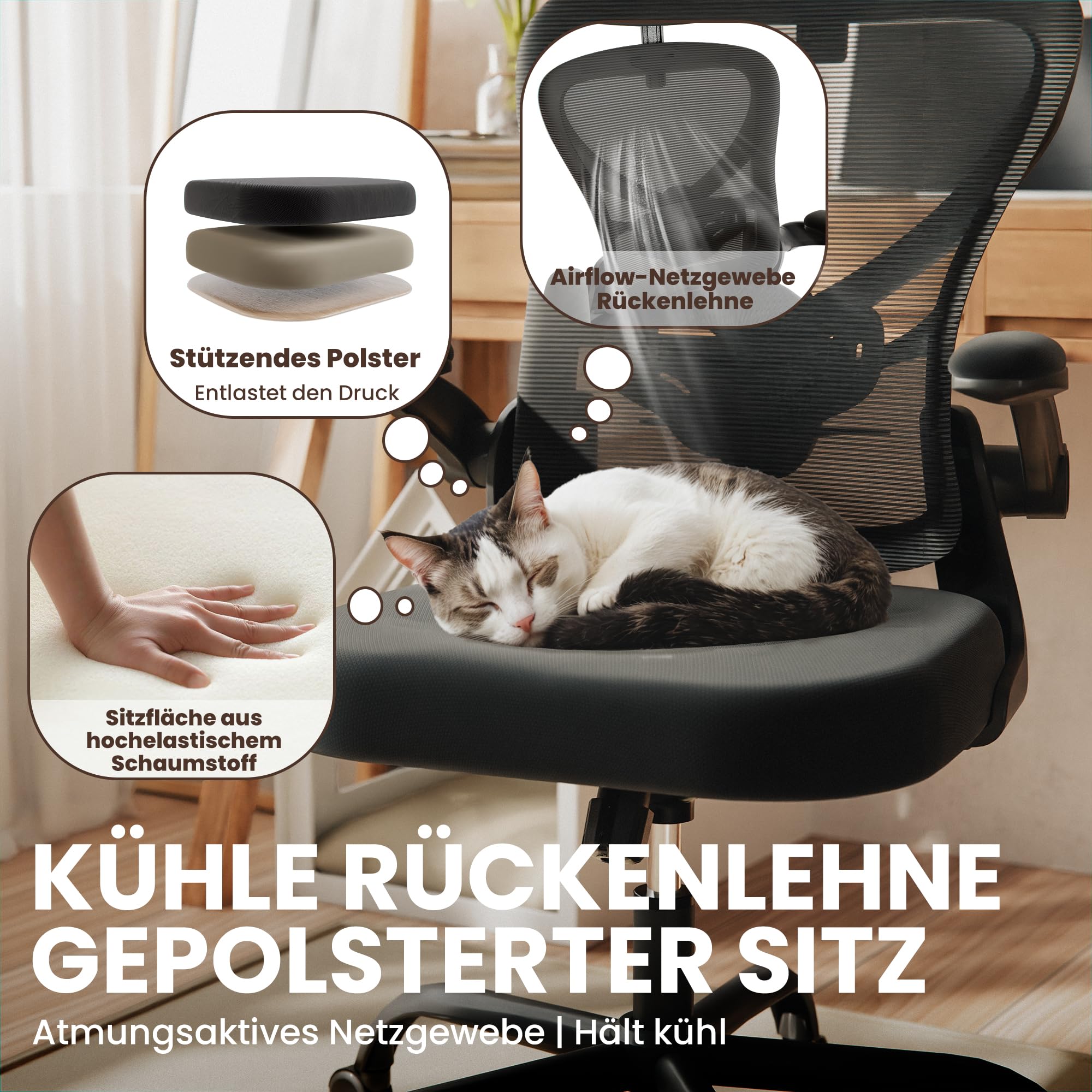 ALAULM Ergonomischer Bürostuhl mit Verstellbarer Lendenwirbelstütze und um 90° hochklappbaren Armlehnen, Computerstuhl mit hoher Rückenlehne aus Netzgewebe für Zuhause und Büro, schwarz