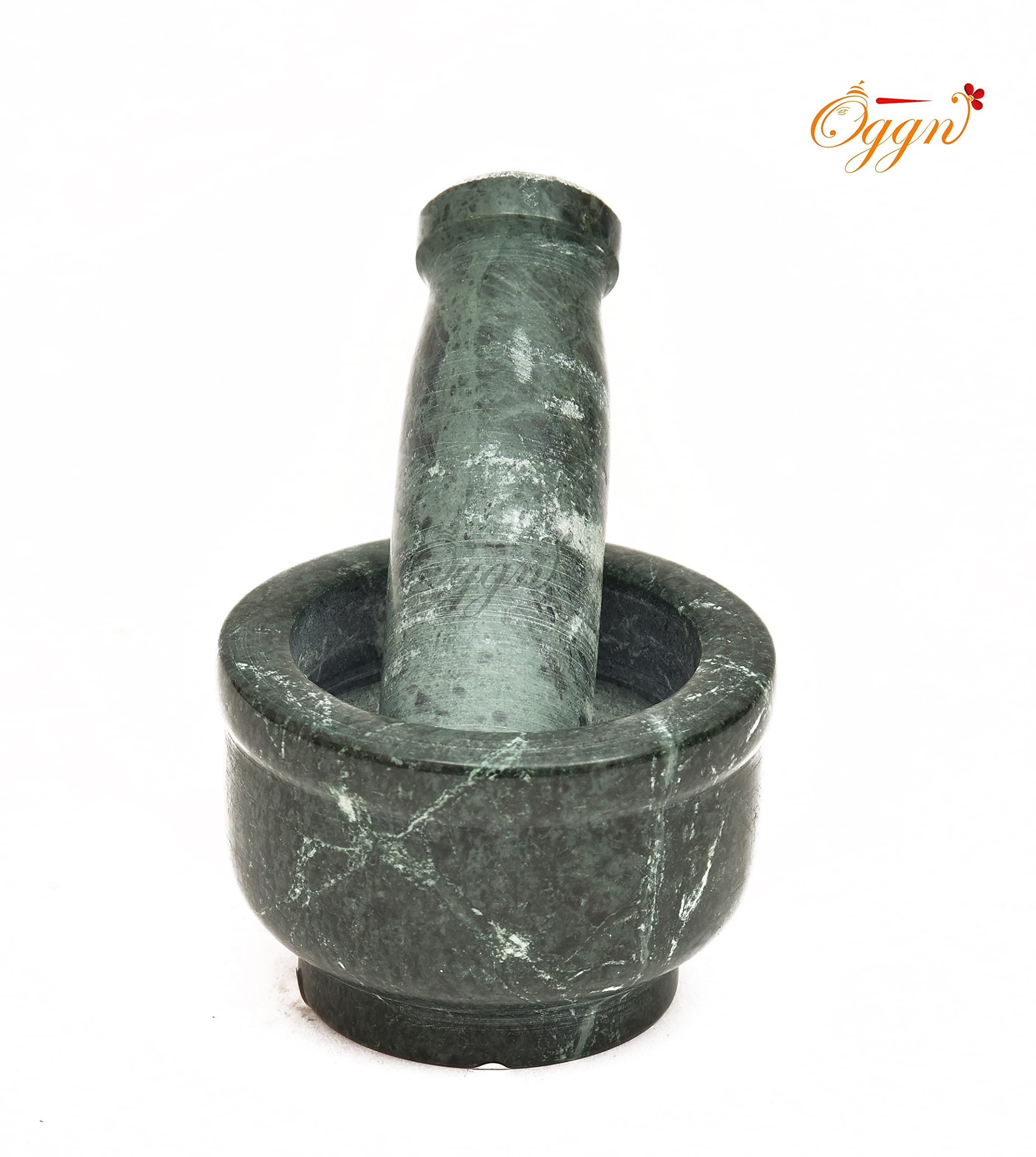 OGGN Green Marble Mortar Pestle Set, Imam Dasta, Natural Stone Okhli, Spice Mixer Kharal, Kitchen Khalbatta Masher, Ginger Garlic Crusher, Masala Kutni for Cooking (3 X 2 Inch) 3