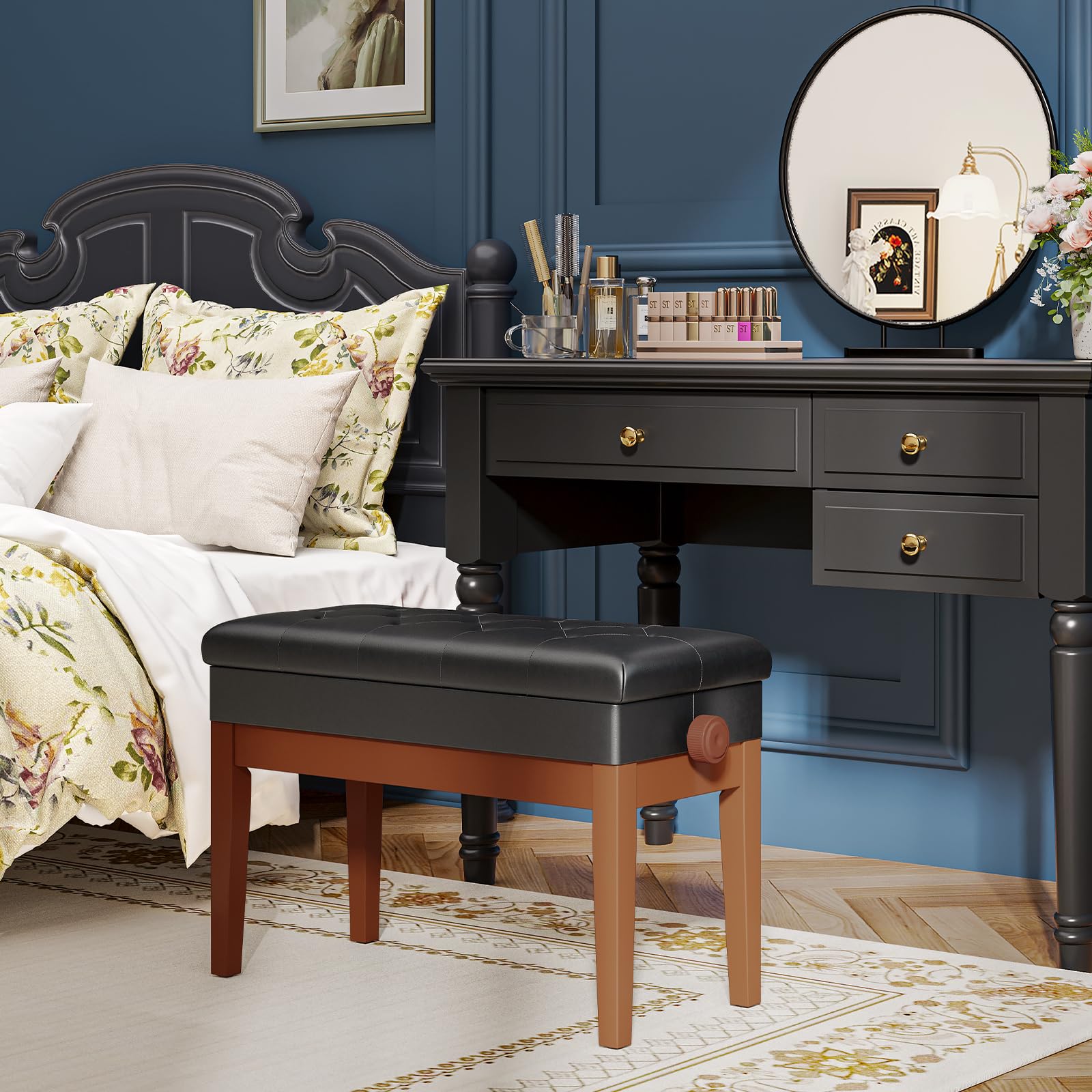 Clevich Tabouret de Piano réglable en Hauteur, Banc de Piano Double, avec Espace de Rangement, Banquette Piano avec Coussin en Cuir PU, Charge maximale : 200 kg, Couleur Bois