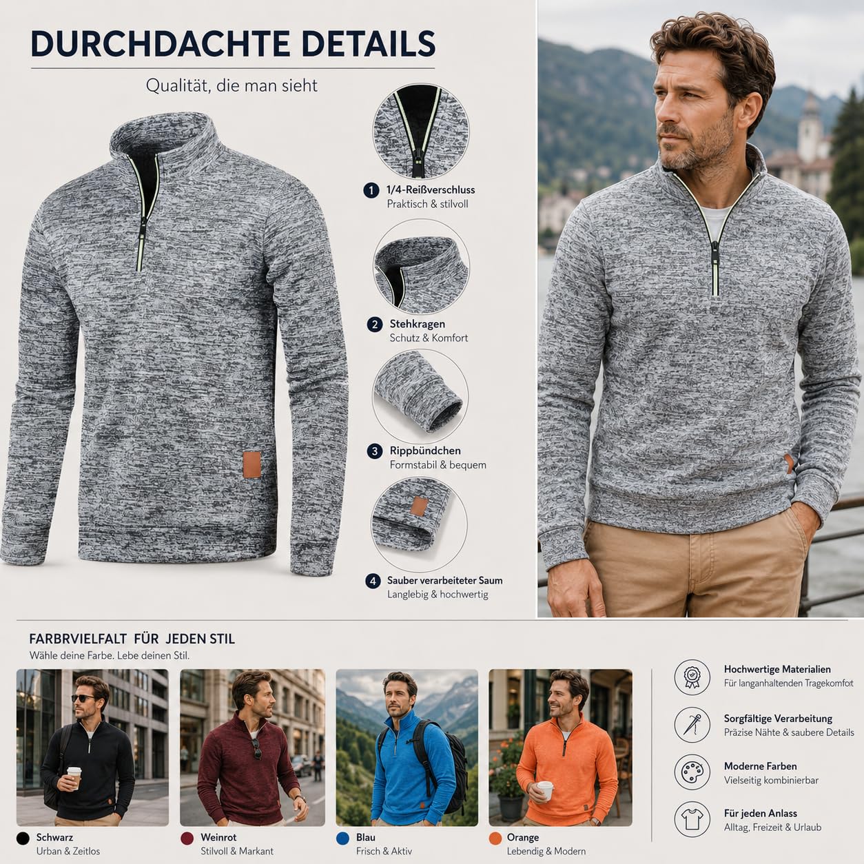 Pullover Herren Half Zip Ohne Strickpullover Kapuze Männer für Solid Arbeitspullover Oversize Winter Sport Turtleneck Sweater Men Alphanumerisch Langarmshirt Winterpullover