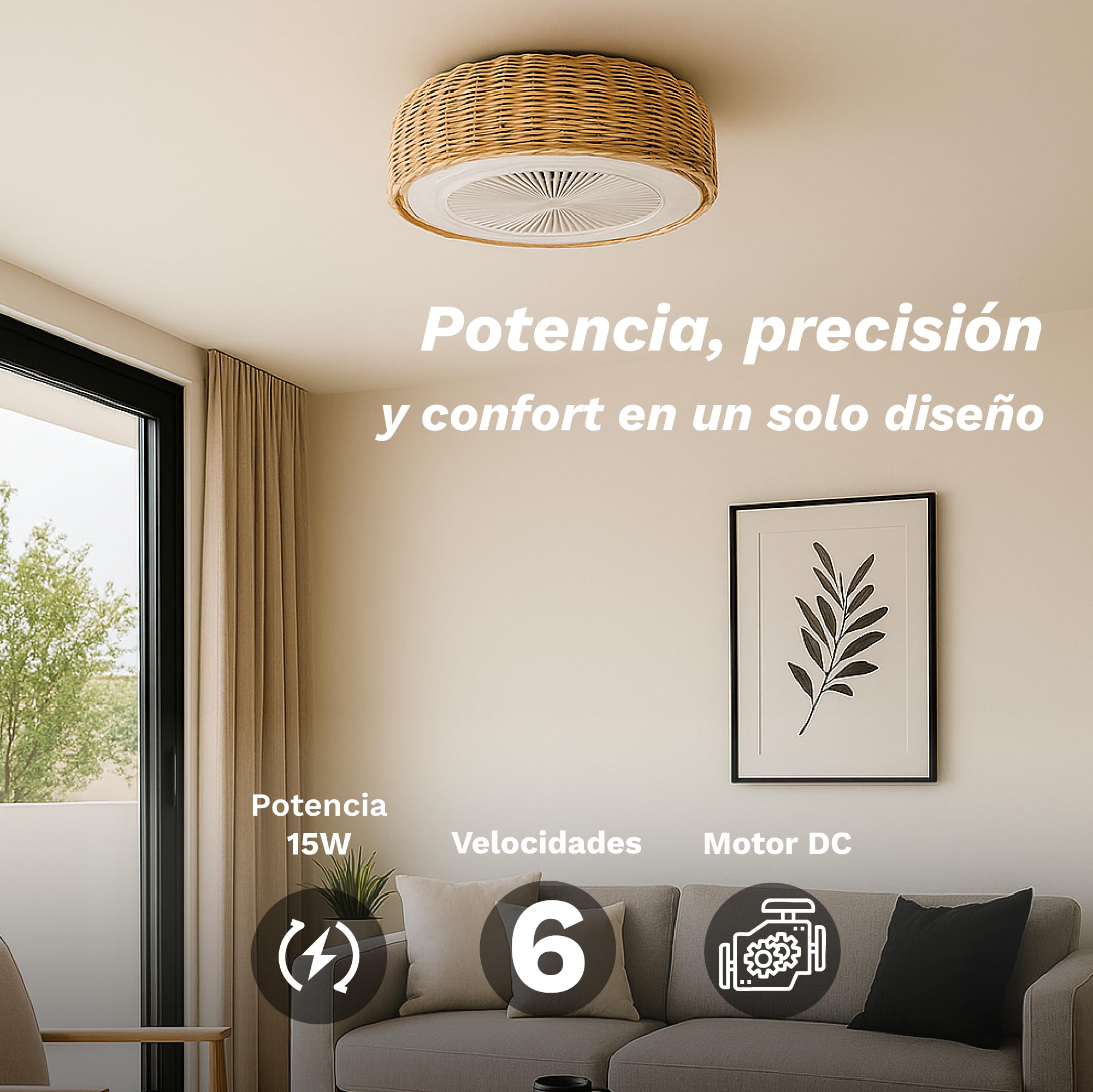 Grunkel Ventilador de Techo SKYWIND-20M con Luz LED, 50 cm, 6 Velocidades, Mando a Distancia, Diseño Ratán, Blanco