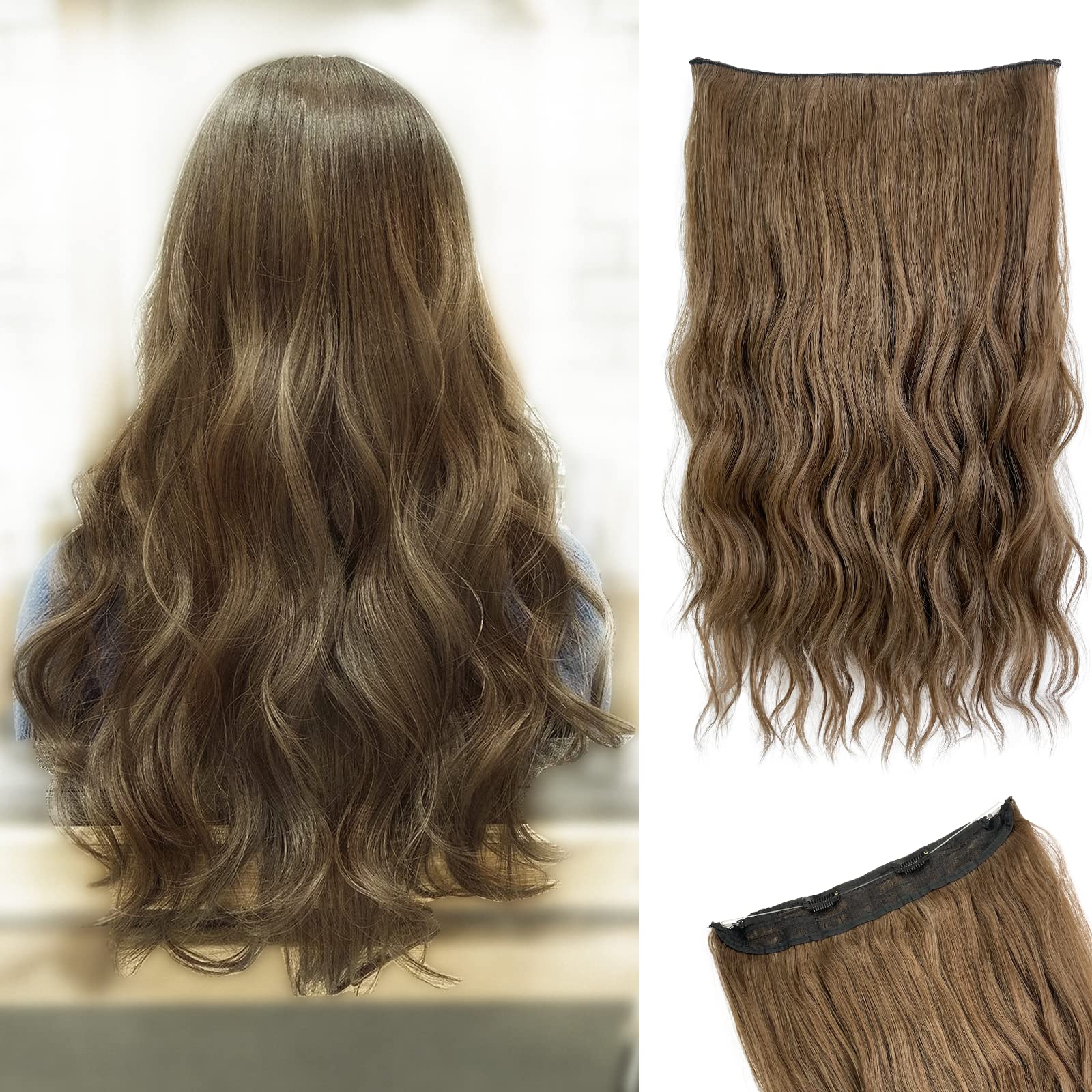 Invisible Wire Halo Hair Extensions for Women Long Wavy Adjustable Hair Pieces Removable Secure Clips Hairpieces Secret Extensions 20'' (Light Brown), 1.0 Count