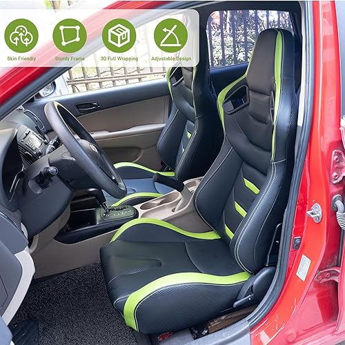 Miniatura 2 de Racing - 2 asientos de cubo reclinables con 2 deslizadores, asientos deportivos universales de piel sintética ajustables para automóviles (negro y