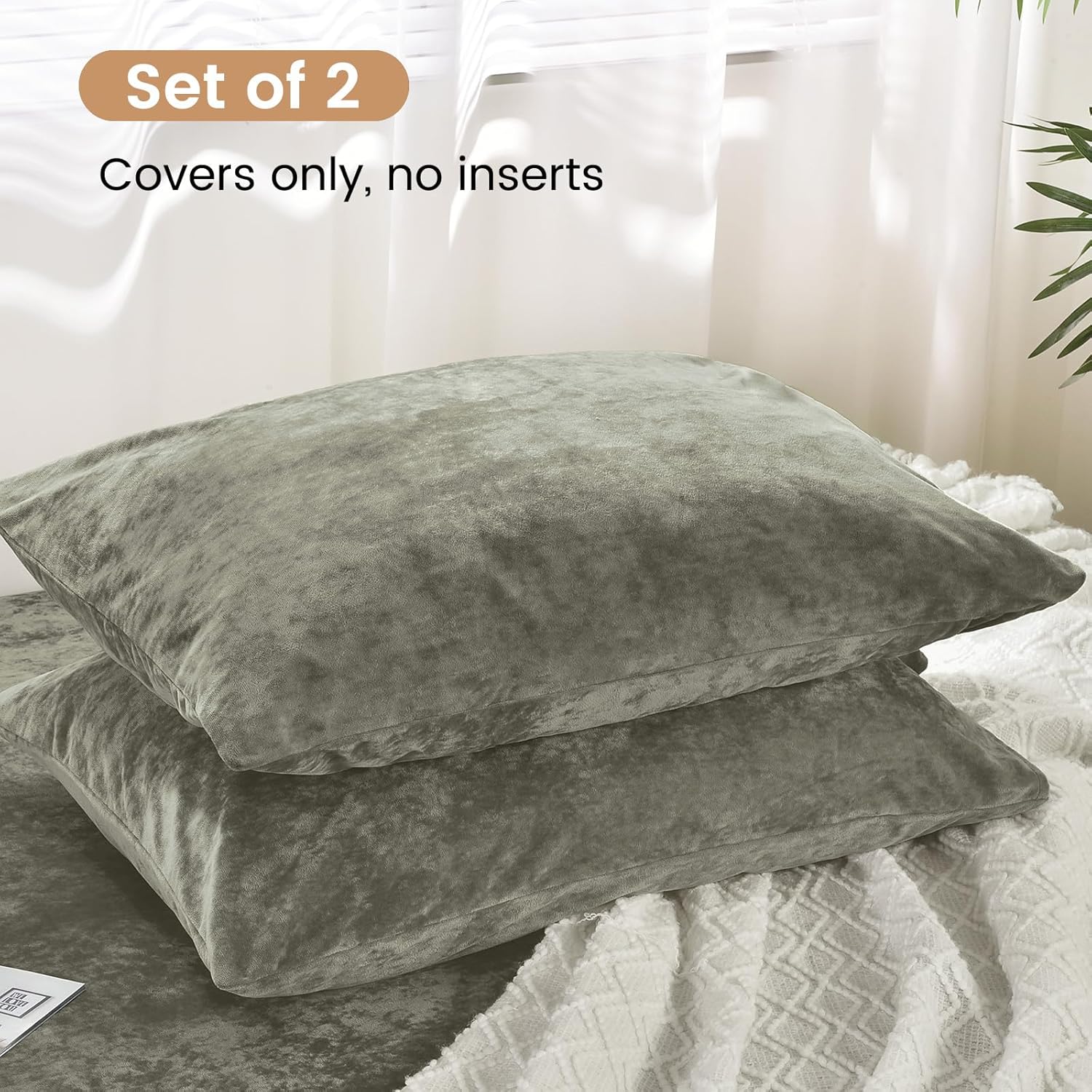 PHF Truly Velvet Pillowcases King Size, No Insert, 2 Pack Ultra Soft Breathable Pillow Shams Covers with Envelope Closure, 20" X 36" Luxury Cozy Warm Fuzzy Flannel,Vetiver
