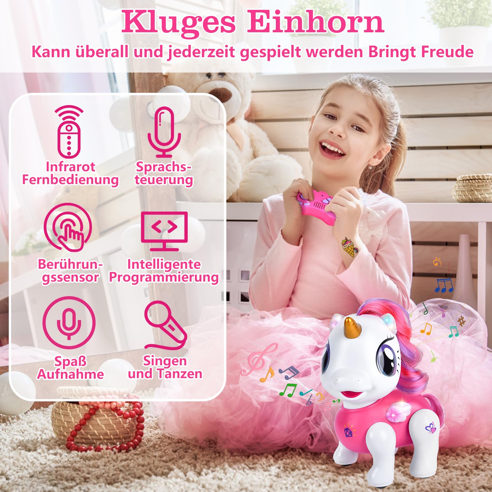 Joellfuner Einhorn Roboter für Mädchen, Ferngesteuertes Einhorn Roboter Spielzeug mit Tanz & Musik, Tonaufnahmen und Programmierbarer, Interaktiver Spielzeug Geschenk für Kinder ab 3 Jahre