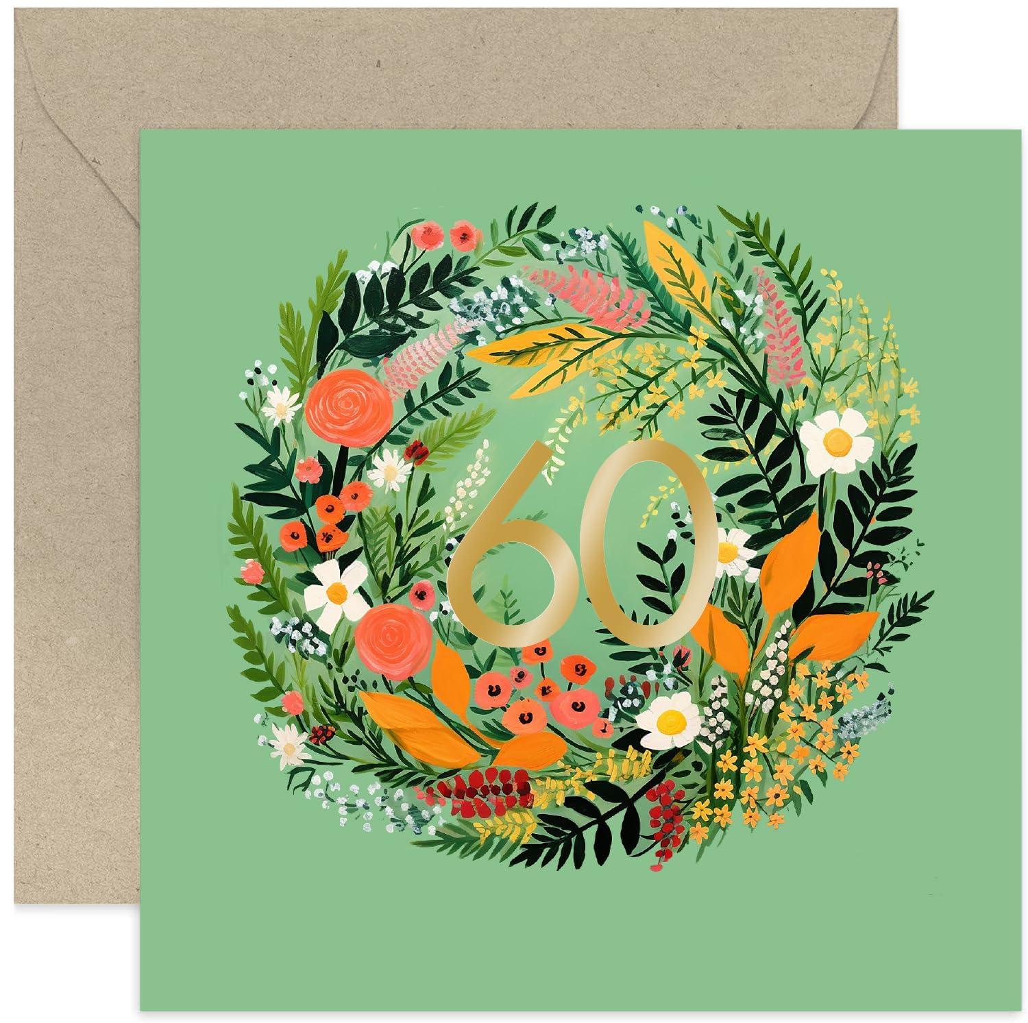 Old English Co. - Biglietto di auguri per il 60° compleanno da donna, con ghirlanda floreale verde con lamina d'oro, biglietto speciale per il sessantesimo compleanno per amica, sorella, interno