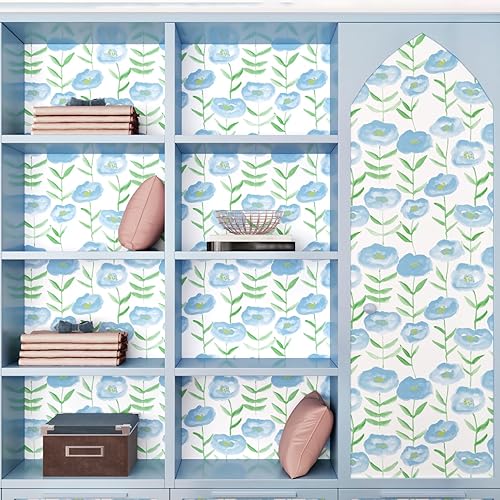 Miniatura 5 de Papel tapiz azul floral para despegar y pegar, papel de contacto de flores de acuarela para gabinetes, lindo papel tapiz azul floral autoadhesivo,