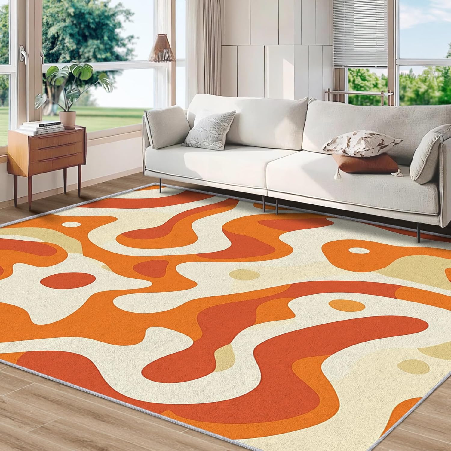 Mid Century Modern Throw Rug, Washable Groovy Retro Abstract Area Rugs 2x3 - Funky 70S Orange Small Carpet, Entryway, Bedroom, Kitchen, Home Decor, Indoor Mat, Soft, Non Slip, Non Shedding
