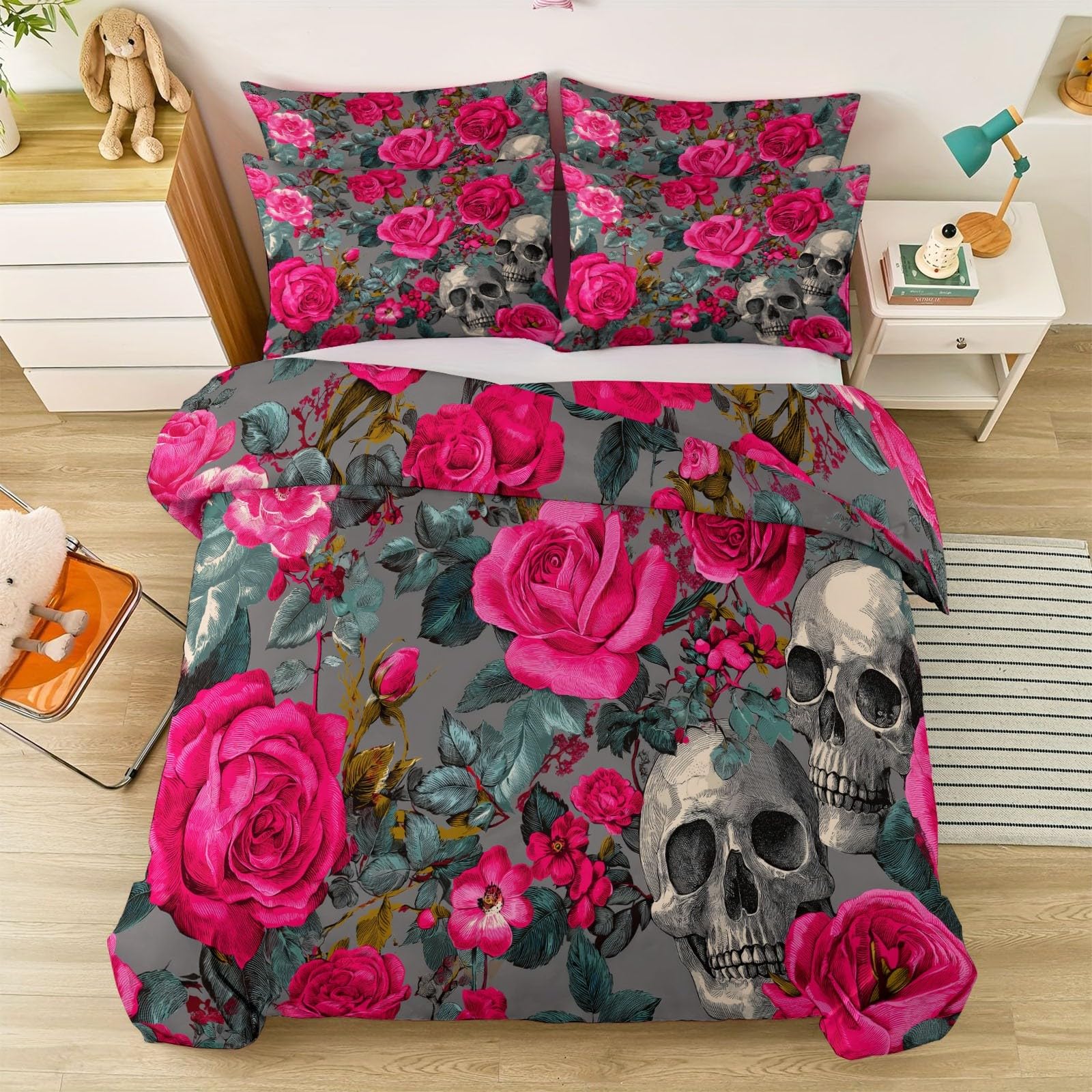 Housse de couette respirante et douce 240x260 motif crânes en microfibre