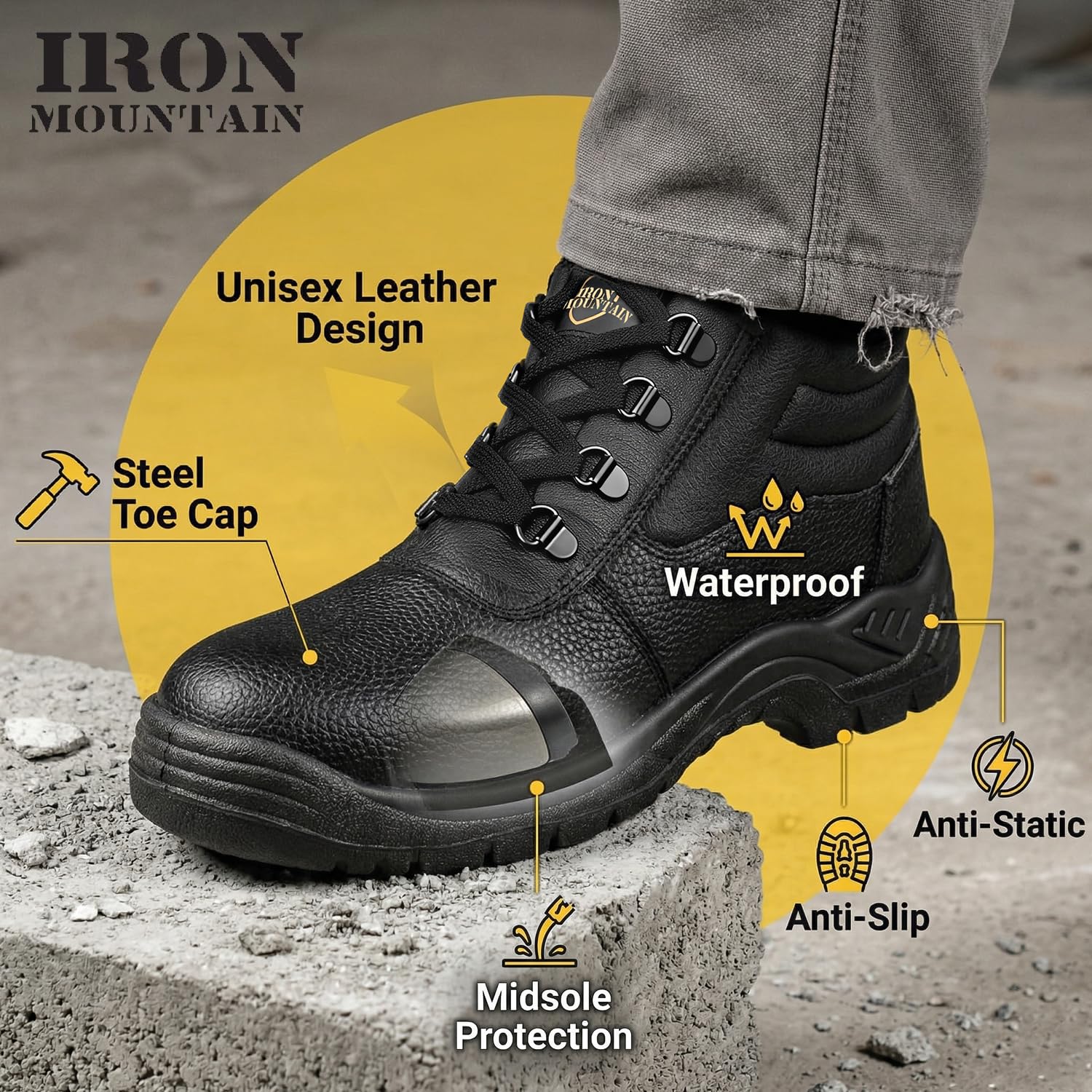 Iron Mountain Unisex męskie damskie wodoodporne buty robocze i użytkowe ze stalowym noskiem i ochronną podeszwą środkową roboczą buty ochronne S3 SRC, czarne, EU 43
