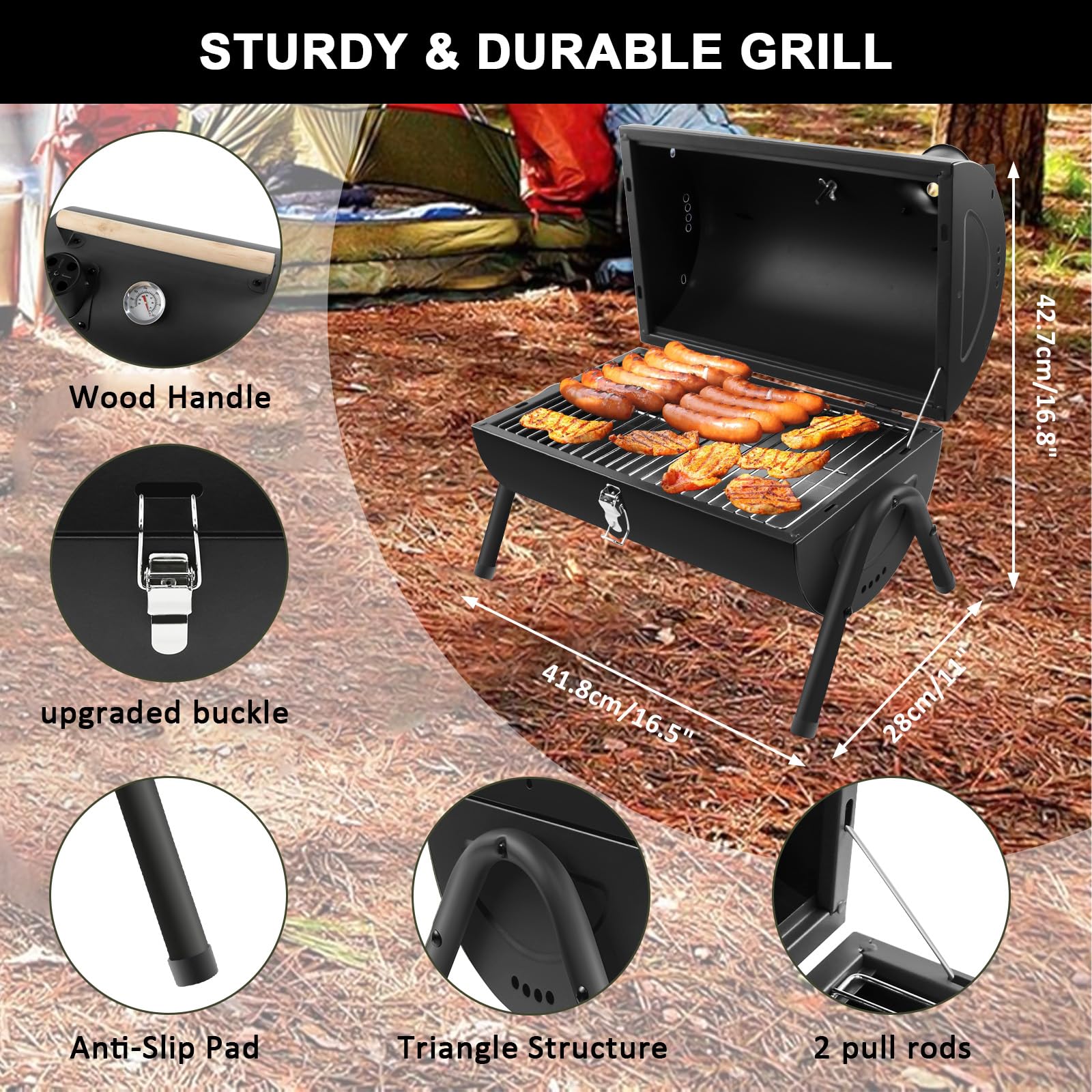 Barbecue Charbon Portable 2 en 1 Noir | avec Thermomètre, robuste, facile à transporter, pour jardin balcon voyage camping