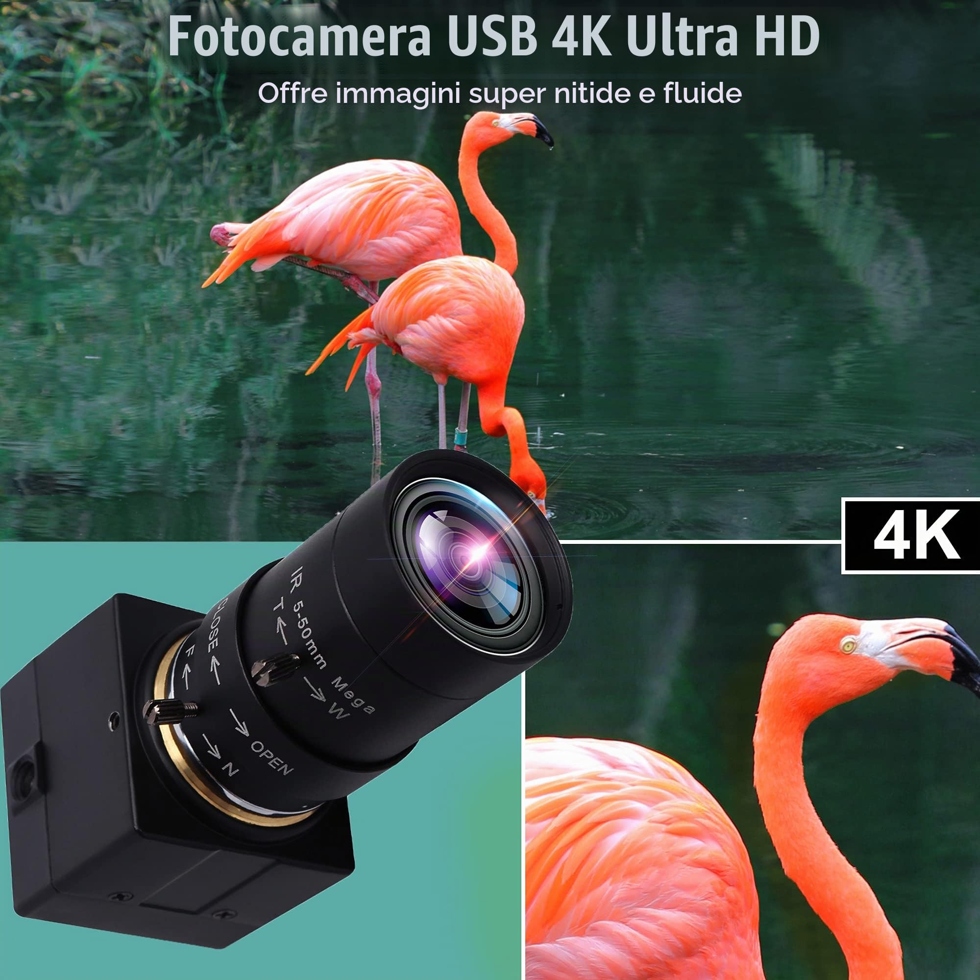 Svpro 4K HD Webcam con obiettivo varifocal 5-50mm, fotocamera USB con zoom ottico 10X con sensore Sony IMX415, fotocamera ad alta definizione 3840x2160@30fps per Windows Linux Andorid MAC OS