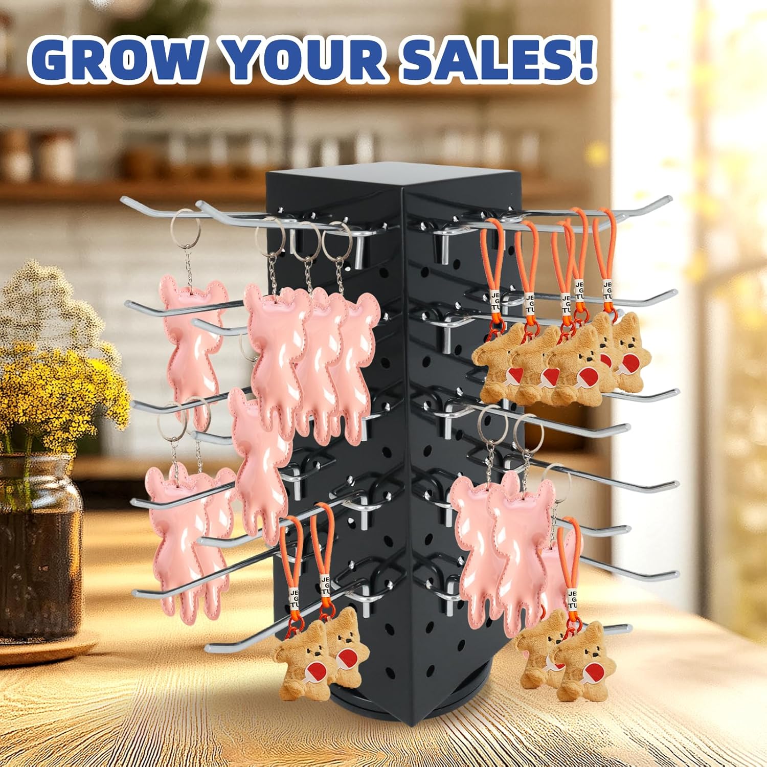 Rotating Pegboard Stand with 20 Peg Hooks 4-Sided Pegboard Spinning Display Stand 4 x 4 x 12 Inches, Keychain Display Stand for Retail Display, Earring Display (Black)