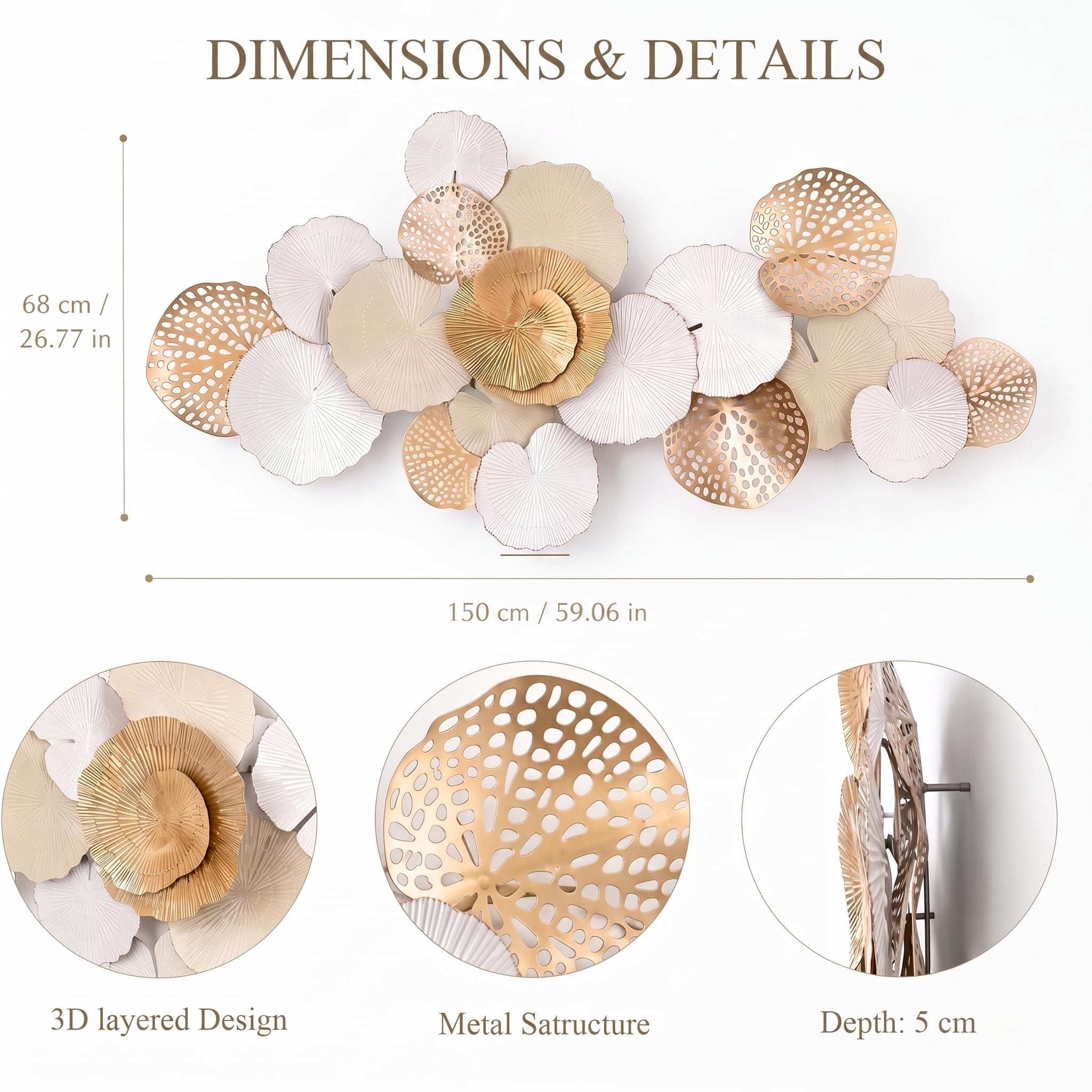 Generico Grande Metallo Decorazione da Parete,Design Botanico 3D,150x68cm