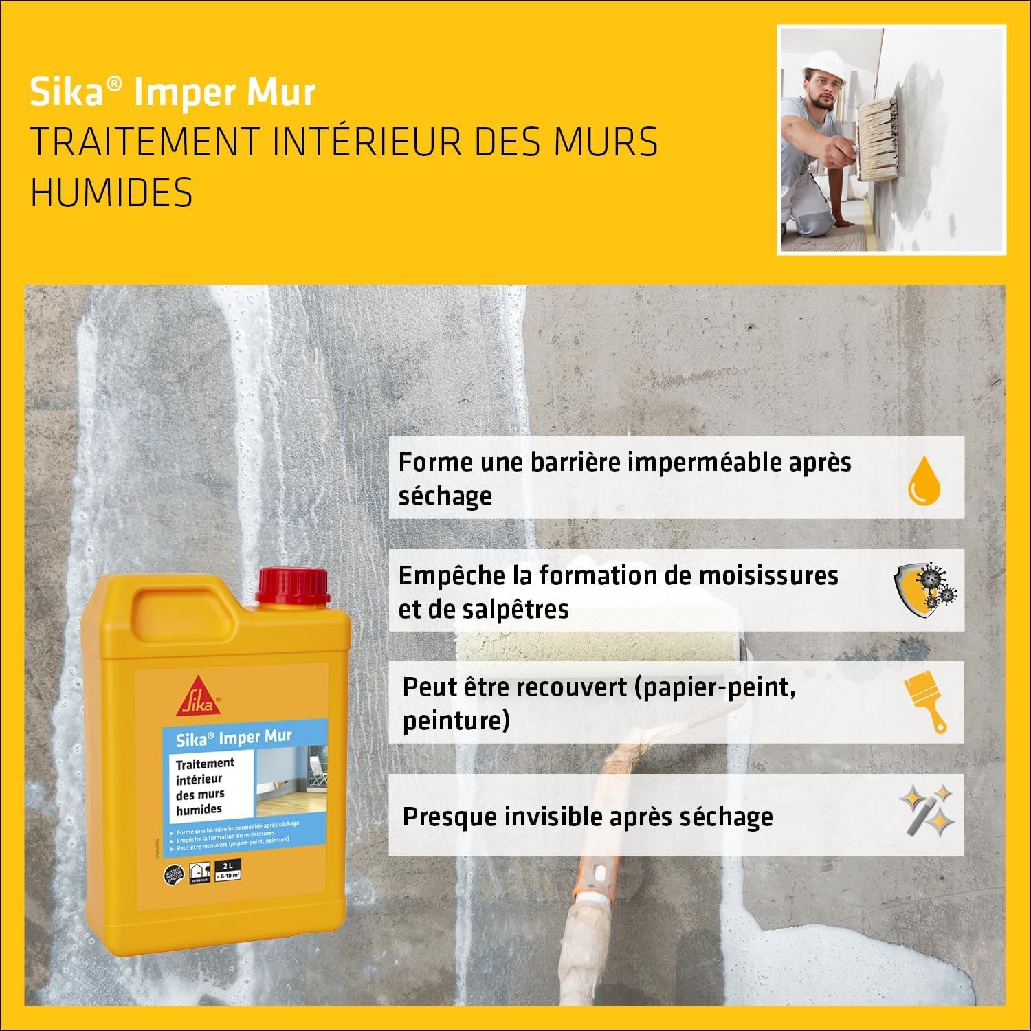 SIKA - Mastic silicone sanitaire - Spécial cuisines - Int/Ext - Longue durée - Blanc - 300 ml + Résine pour traitement intérieur des murs humides - Anti-moisissure - Anti-humidité - 2L