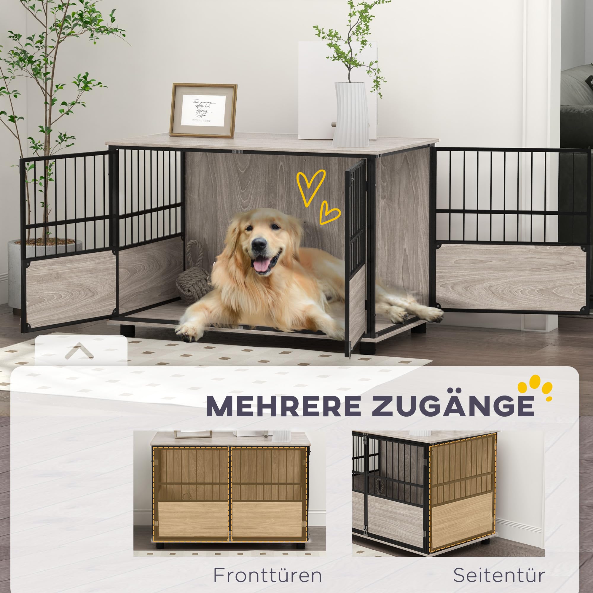PawHut Hundekäfig für Zuhause, Hundehütte, rutschfest Haustierkäfig, Hundebox mit Türen, Hundehaus für bis große Hunde, Walnuss, 100 x 60 x 68 cm