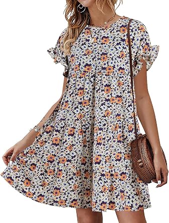Chuanqi Womens Ruffles Boho Floral Printed Babydoll Loose Swing Casual Short Mini T-Shirt Dress