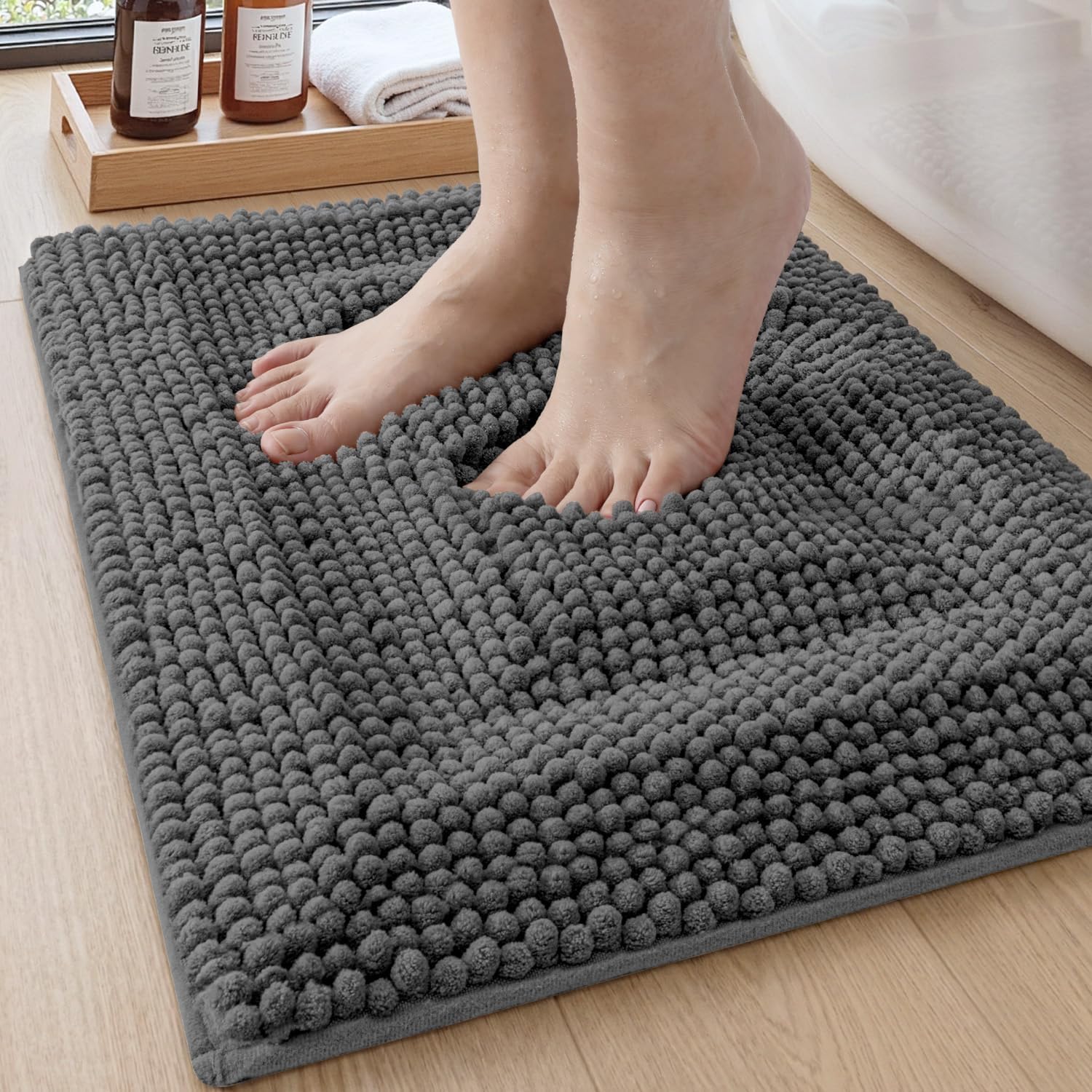 DEXI Bath Mats for Bathroom 16x24, Non Slip Washable Bathroom Rug, Thick Soft Chenille Absorbent Bathmat for Shower Floor, Fluffy Shaggy Carpet for Tub, Grey