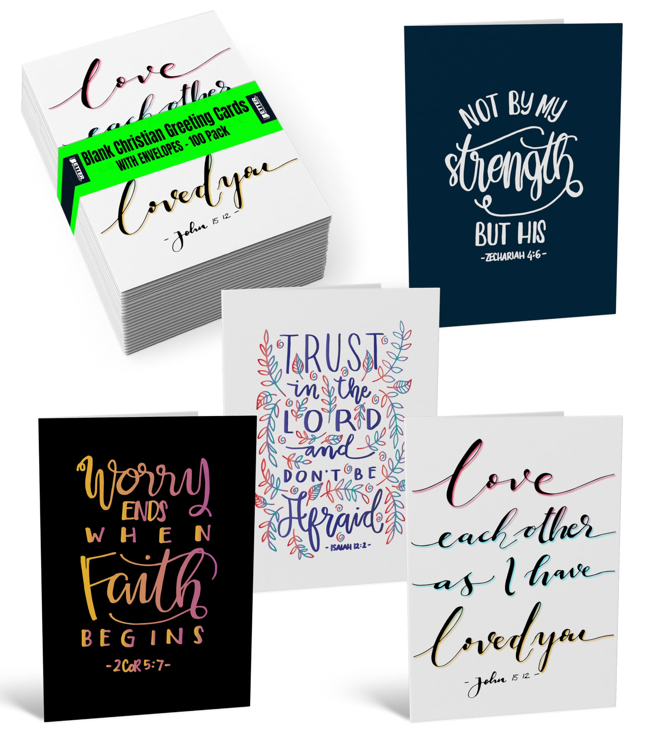Better Office Products Religious Bible Verse Inspirational Cards, 100-Pack, 4 x 6 inch, 4 Cover Designs with Bible Quotes, Blank Inside, Encouragement Cards, with Envelopes, 100 Pack