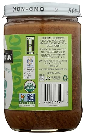 Once Again Organic Crunchy Almond Butter, 16oz - Lightly Toasted - Salt Free, Unsweetened - USDA Organic, Gluten Free Certified, Peanut Free, Vegan, Kosher, Paleo - Glass Jar